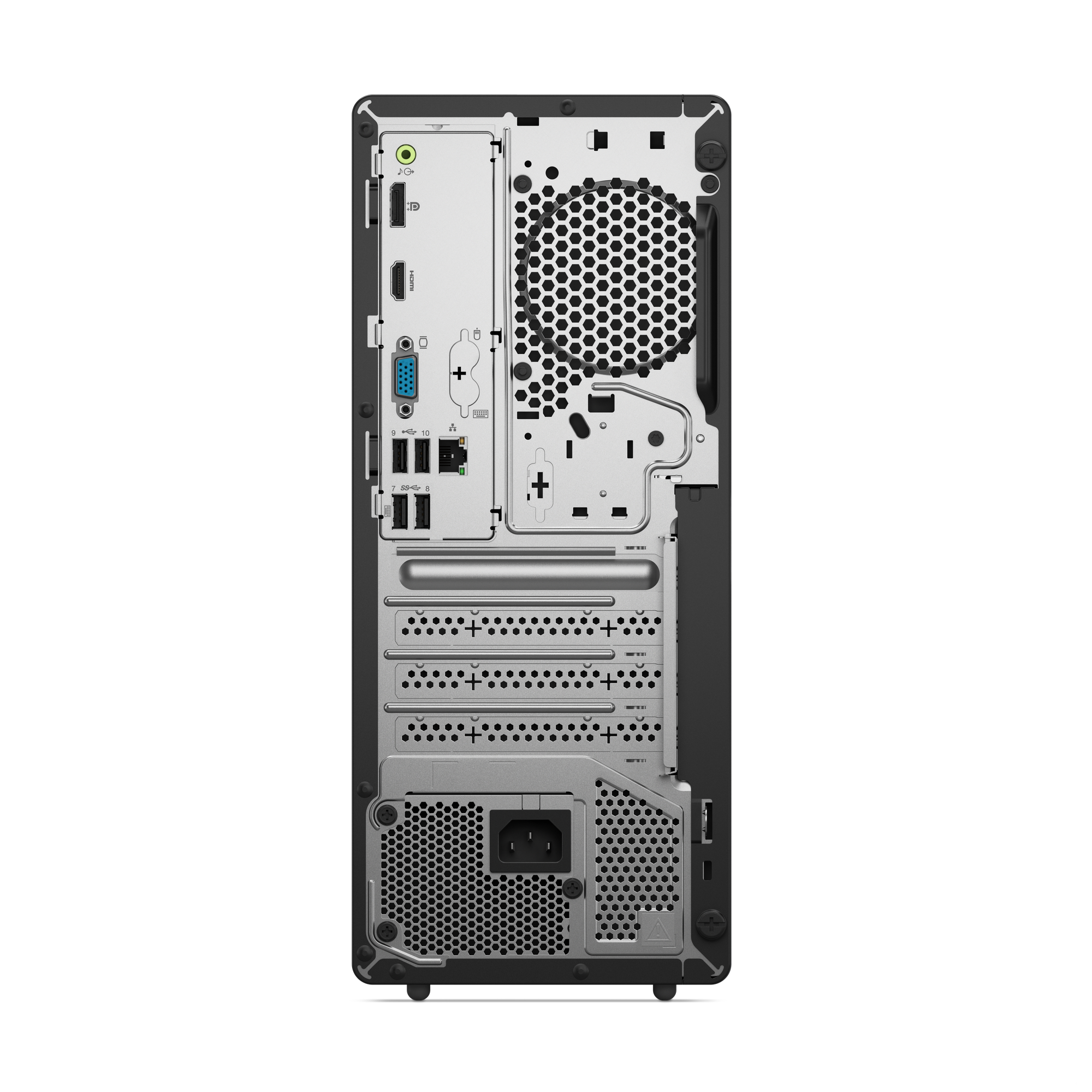 Rückseite eines Computergehäuses mit Anschlüssen, Lüfter und Stromeingang. Silber und Schwarz, vor schwarzem Hintergrund.