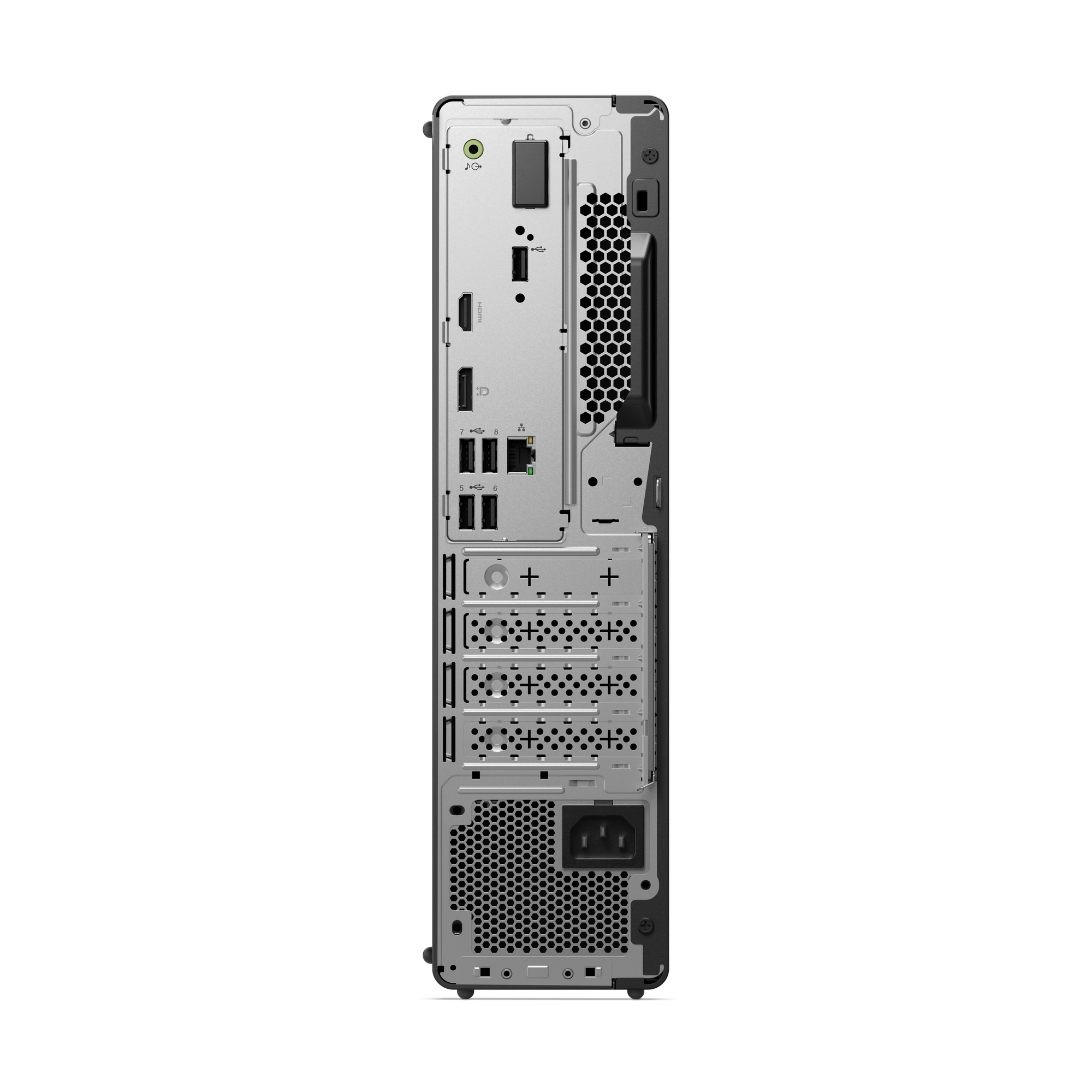 Die Rückseite eines Desktop-Computers. Anschlüsse, Lüftungsschlitze und ein Stromeingang sind zu sehen.