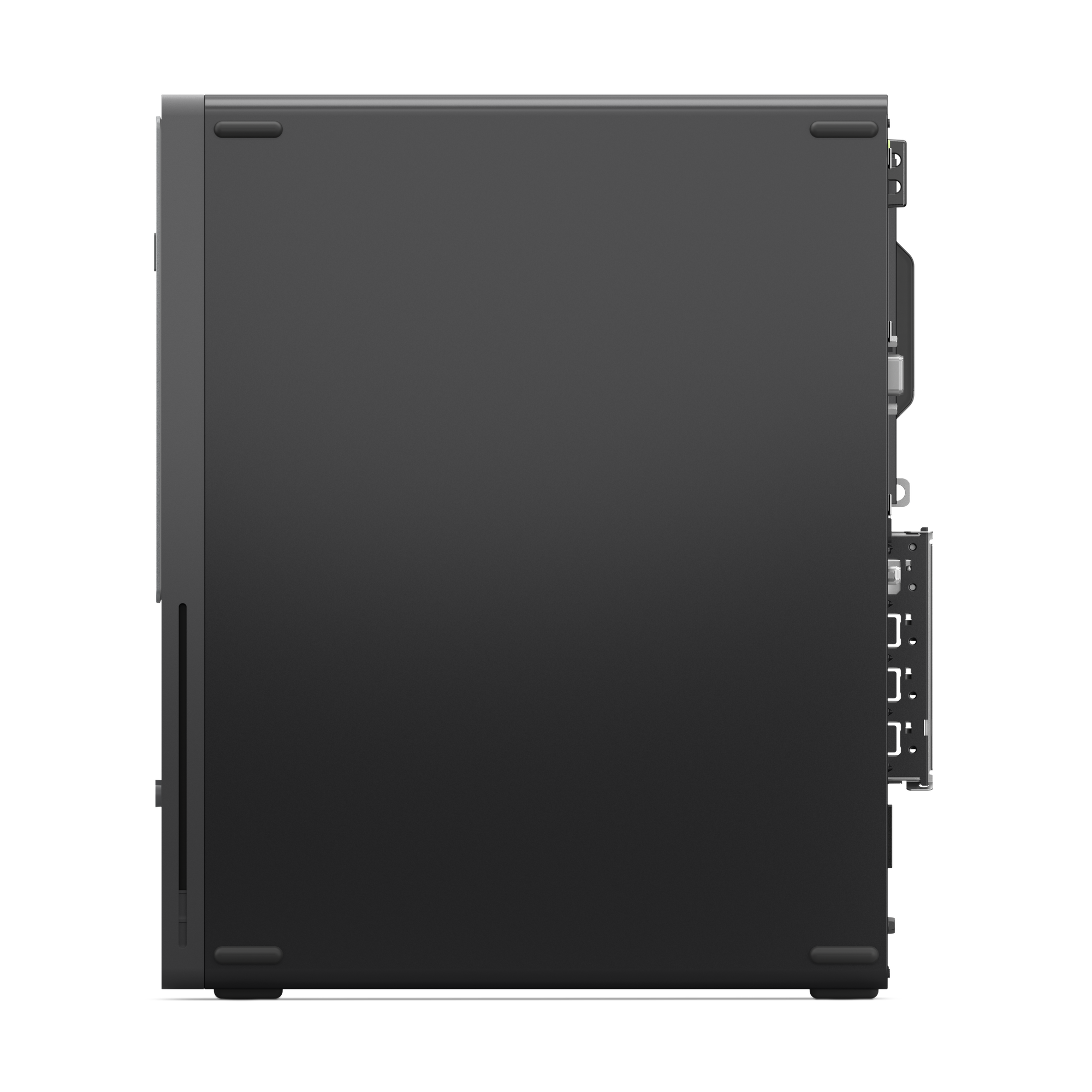 Ein schwarzes Desktop-Computergehäuse von oben. Es hat eine kastenförmige Form und befindet sich auf schwarzem Hintergrund.