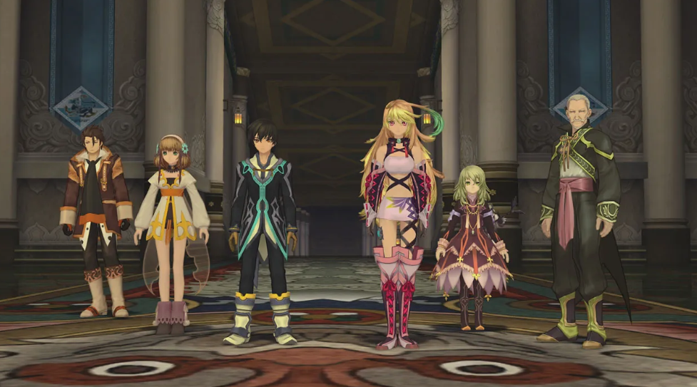 Sechs Anime-Charaktere stehen in einer Halle. Sie tragen verschiedene Outfits. Die Szene hat Säulen und einen gemusterten Boden. Die Beleuchtung ist weich.
