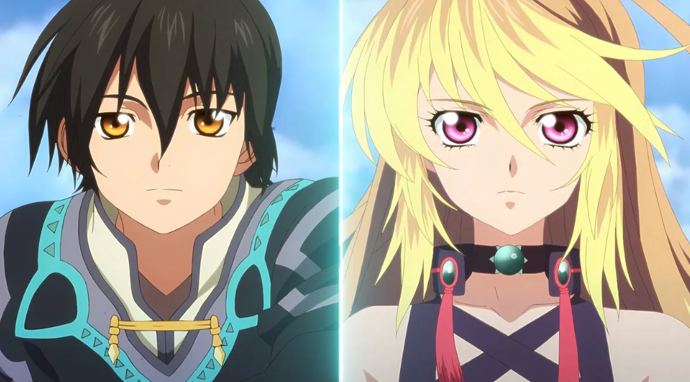 Anime-Charaktere, ein Mann und eine Frau. Der Mann hat schwarzes Haar und gelbe Augen. Die Frau hat blondes Haar und rosa Augen. Beide schauen nach vorne.