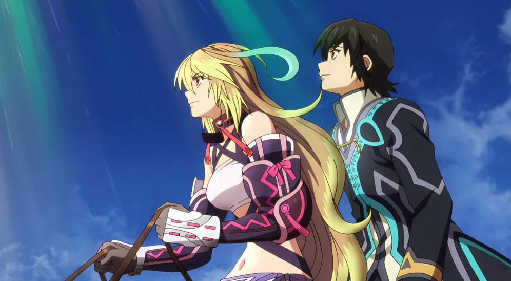 Anime-Charaktere, blondes und schwarzes Haar, blicken in den blauen Himmel. Einer mit schwarzem und pinkem Outfit, der andere mit schwarz und blau.