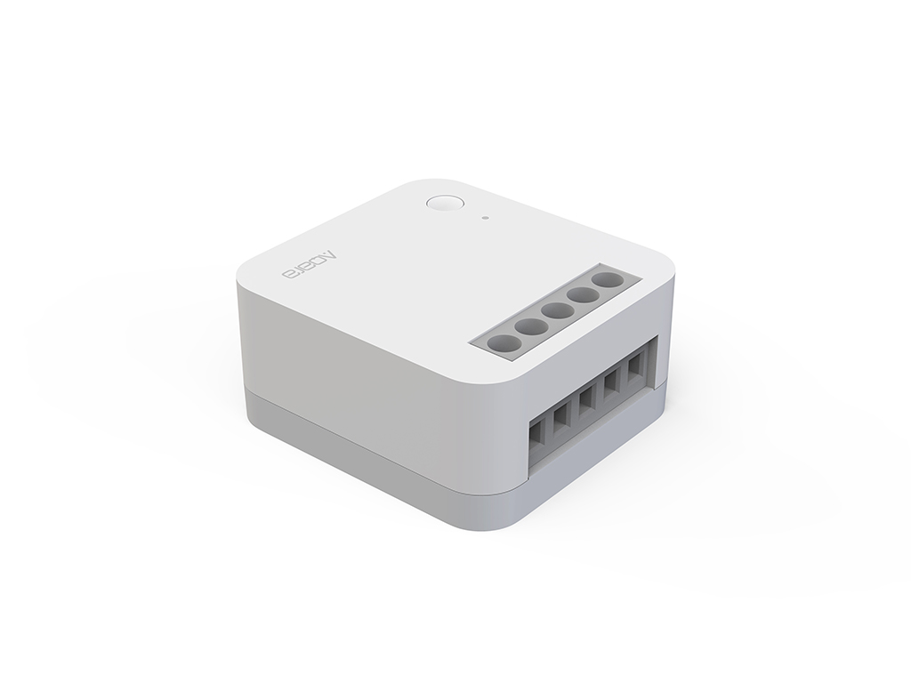 Ein weiß-graues Smart-Home-Gerät. Es hat Anschlussports auf einer Seite und einen Knopf oben. Der Markenname 'Aqara' ist sichtbar.