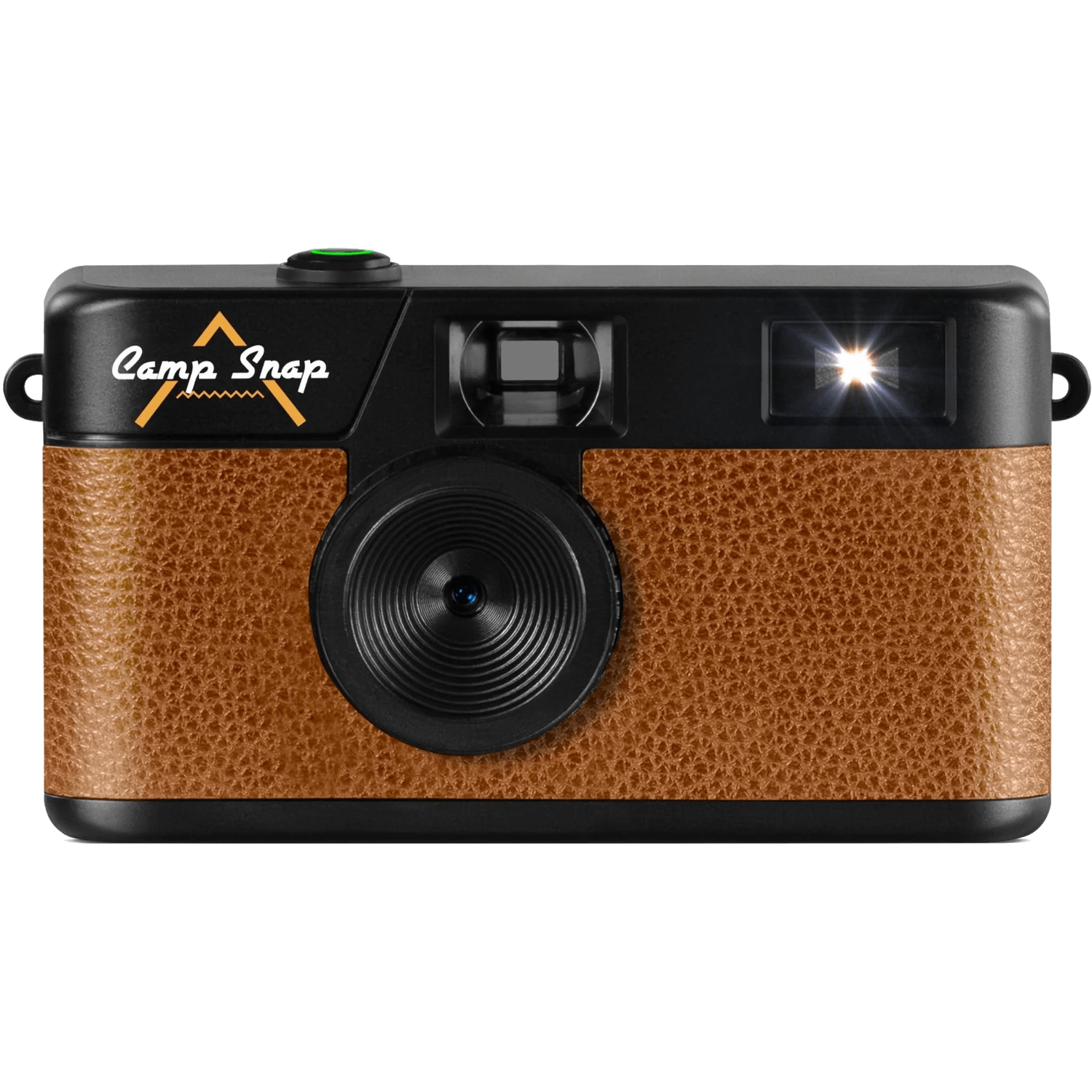Een bruine en zwarte Camp Snap camera met flitser en groene knop. De camera staat op een zwarte achtergrond.
