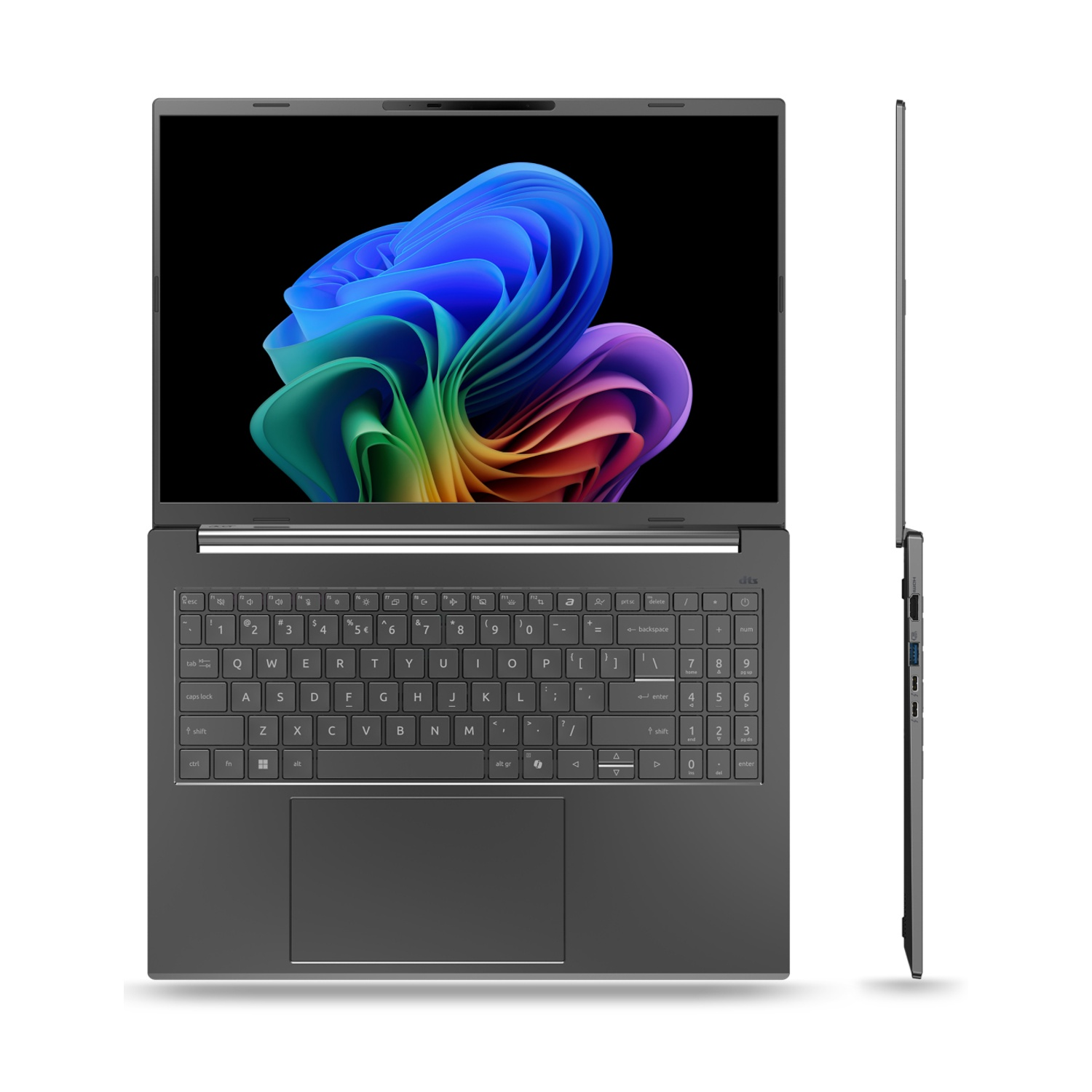 Un laptop grigio aperto, che mostra un'immagine astratta colorata sullo schermo, una tastiera e il profilo laterale.
