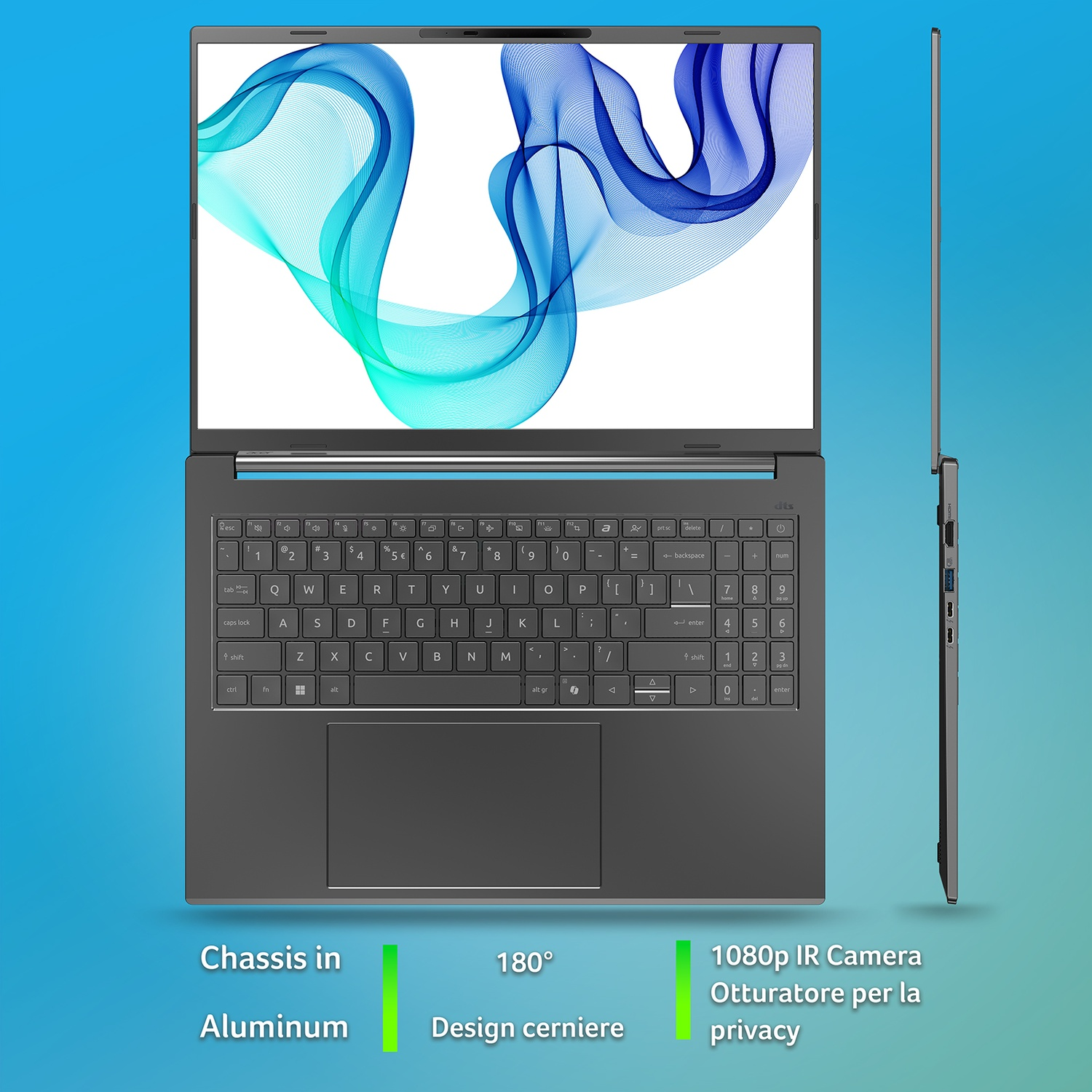 Laptop aperto, con tastiera e schermo con design astratto blu e verde acqua. Caratteristiche: telaio in alluminio, design 180°, fotocamera.
