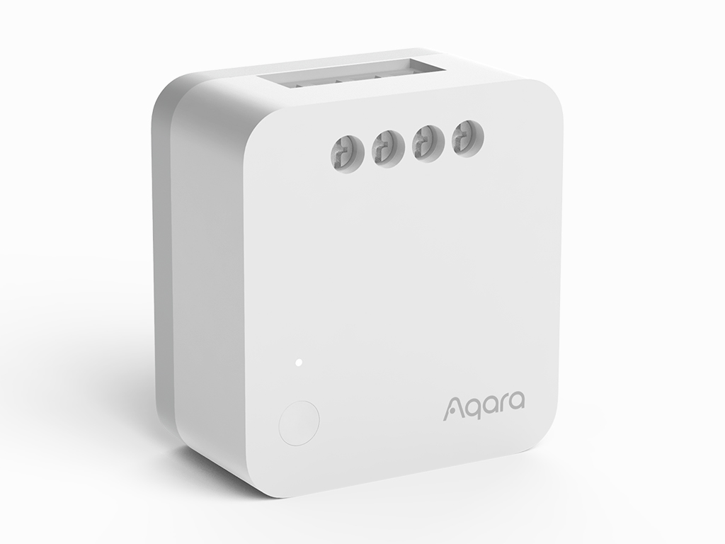 Ein weißes Aqara Smart-Home-Gerät mit abgerundeten Ecken, vier kleinen Löchern, einer Taste und dem Markennamen.