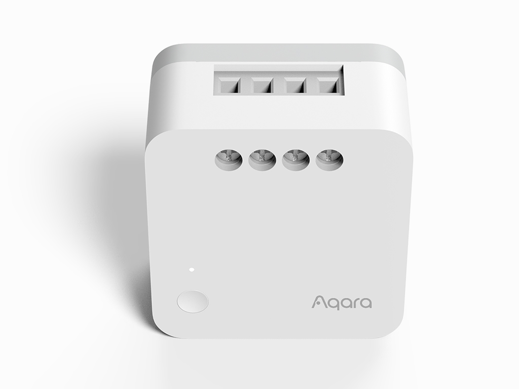 Ein weißes Aqara Smart-Home-Gerät, rechteckig mit abgerundeten Ecken. Es hat Anschlüsse, Tasten und das Aqara-Logo, auf weißem Hintergrund.