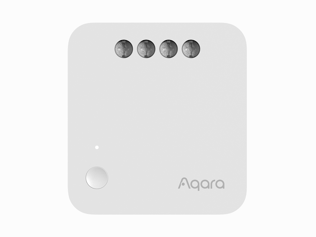 Weißes Aqara Smart Home Gerät. Es hat einen Knopf und vier kleine Kreise oben. Das Aqara-Logo ist sichtbar.