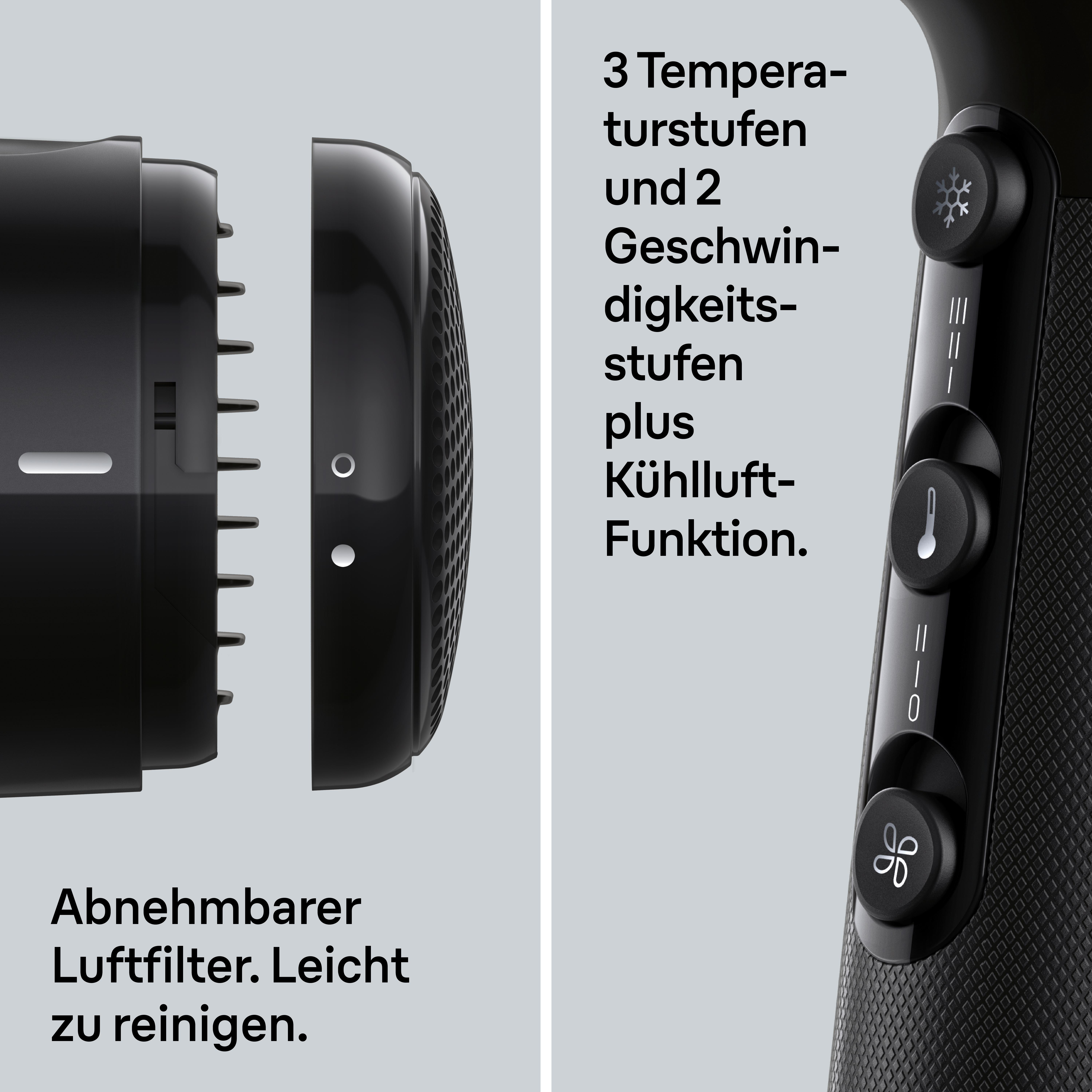Schwarzer Haartrockner mit abnehmbarem Filter und Steuertasten. Text beschreibt Temperatur- und Geschwindigkeitseinstellungen.