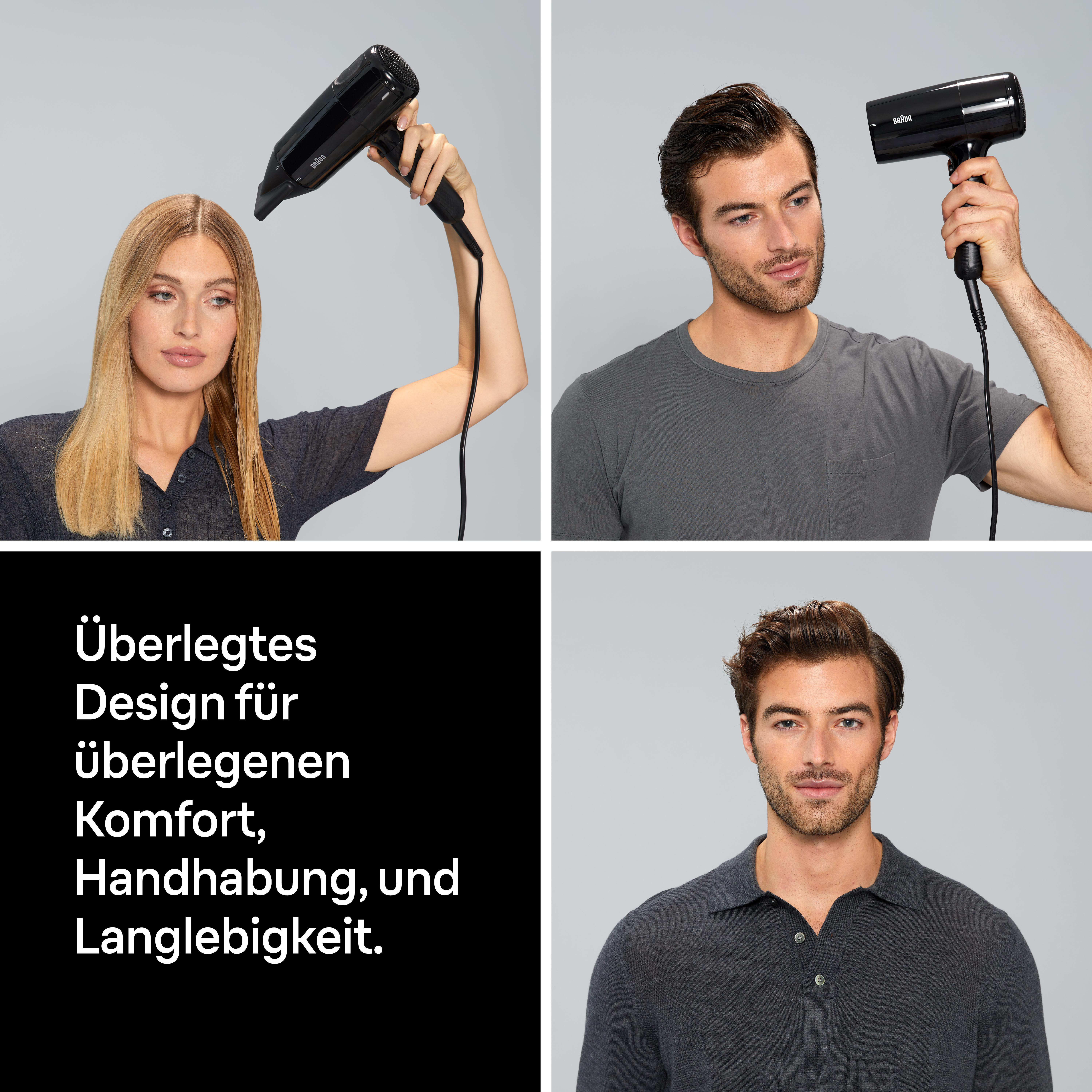 Das Bild zeigt einen Haartrockner in Gebrauch auf blondem Haar und zwei Männern, einer benutzt den Trockner und der andere schaut in die Kamera.