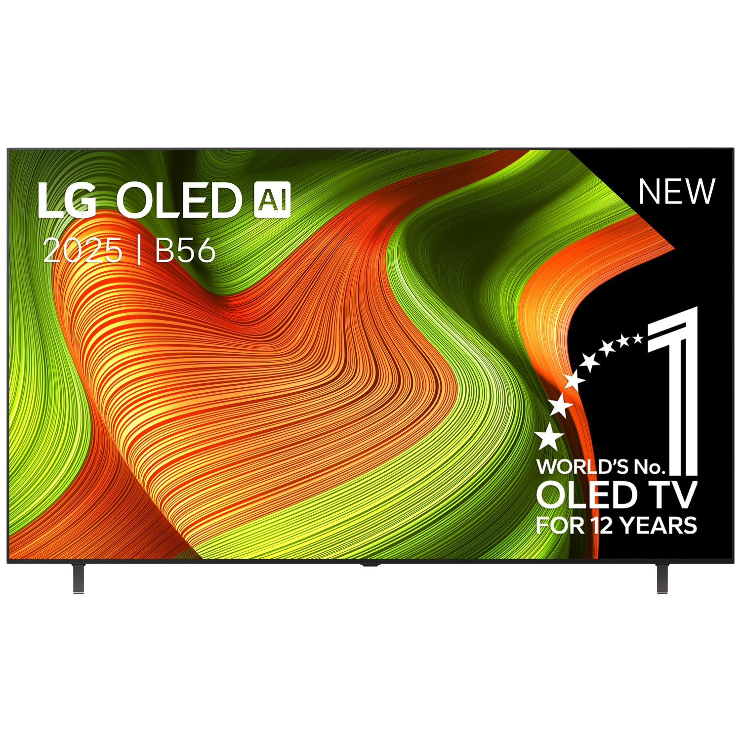 LG OLED TV-scherm met abstract groen en oranje ontwerp. Tekst omvat "NEW", "WORLD'S No. OLED TV" en modeldetails.