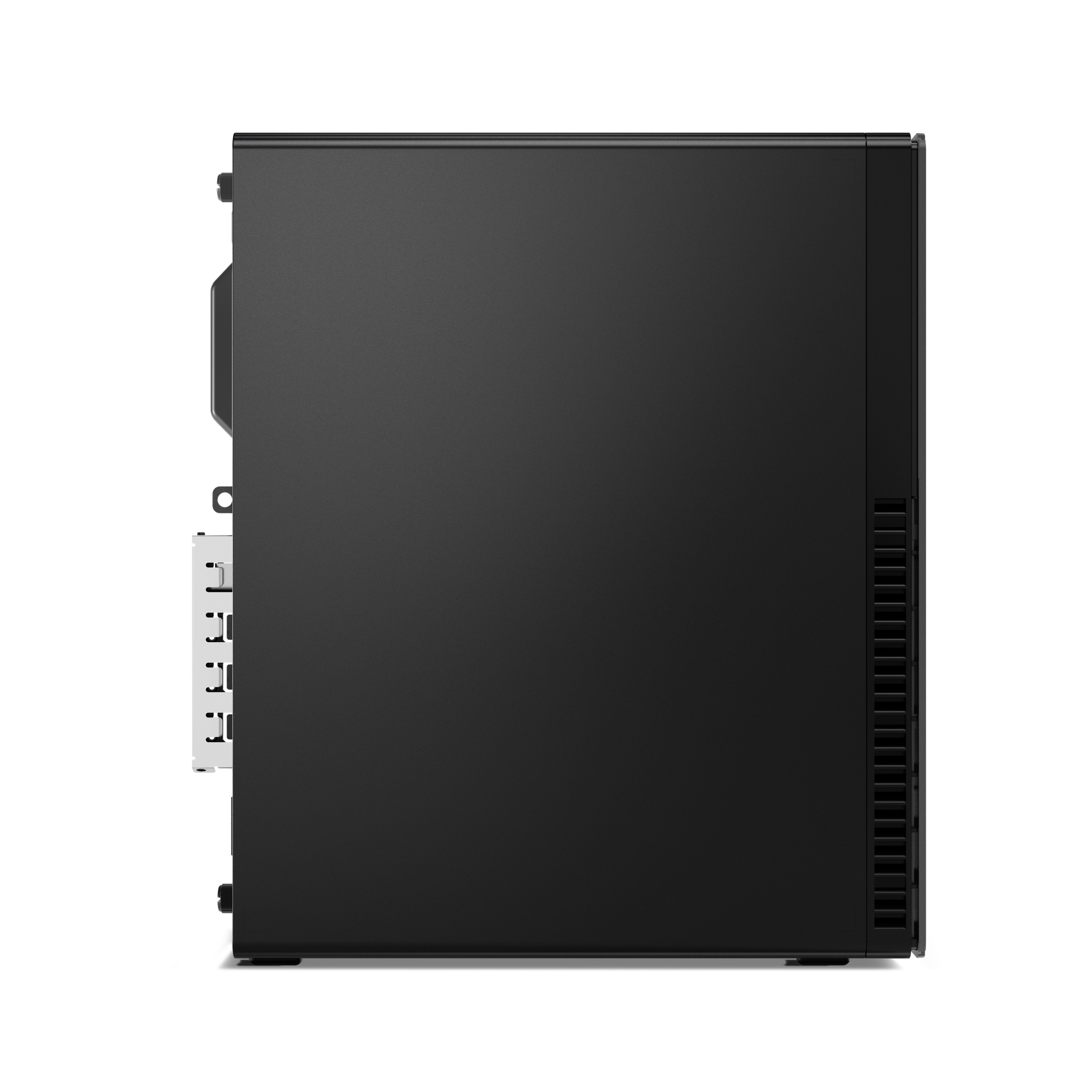Seitenansicht eines schwarzen Desktop-Computergehäuses. Es hat Lüftungsschlitze und eine weiße Halterung.