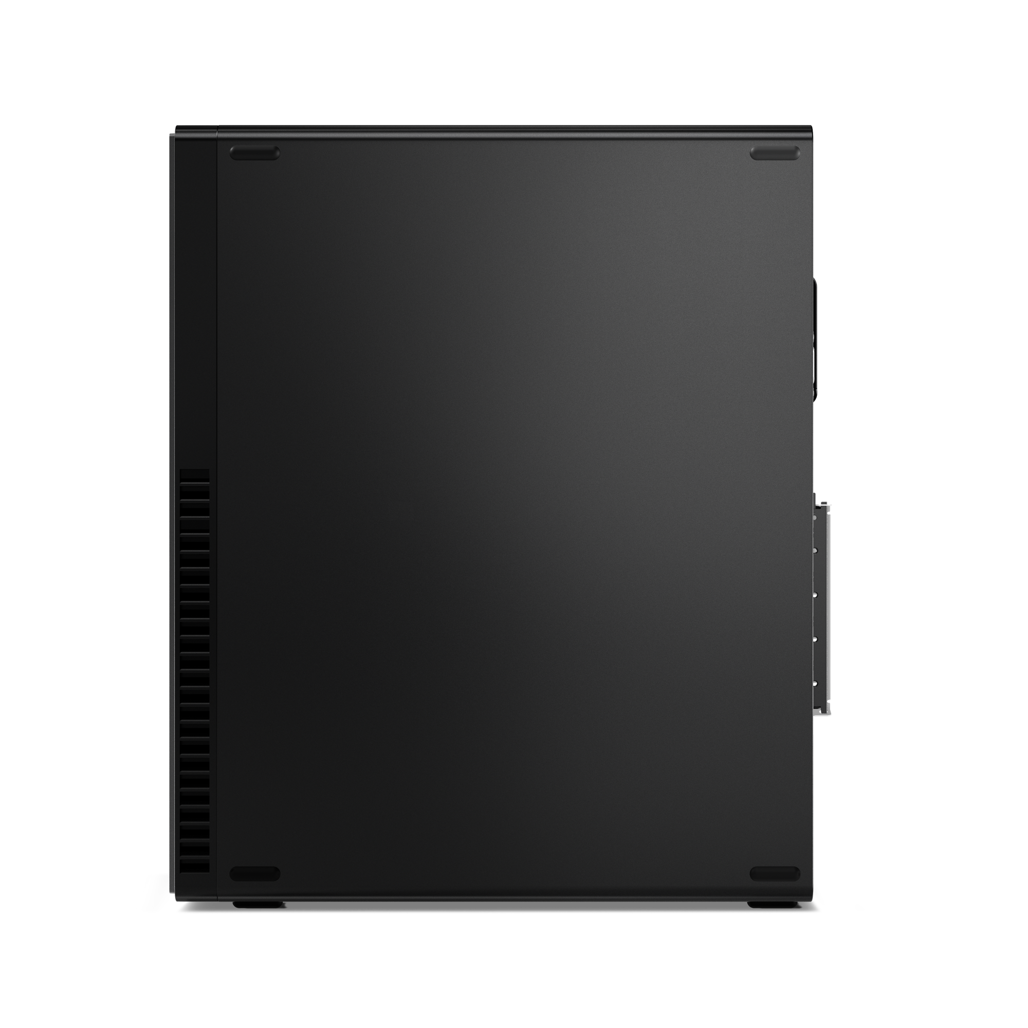 Draufsicht auf ein schwarzes Desktop-Computergehäuse. Das Gehäuse ist rechteckig mit abgerundeten Ecken und matter Oberfläche.