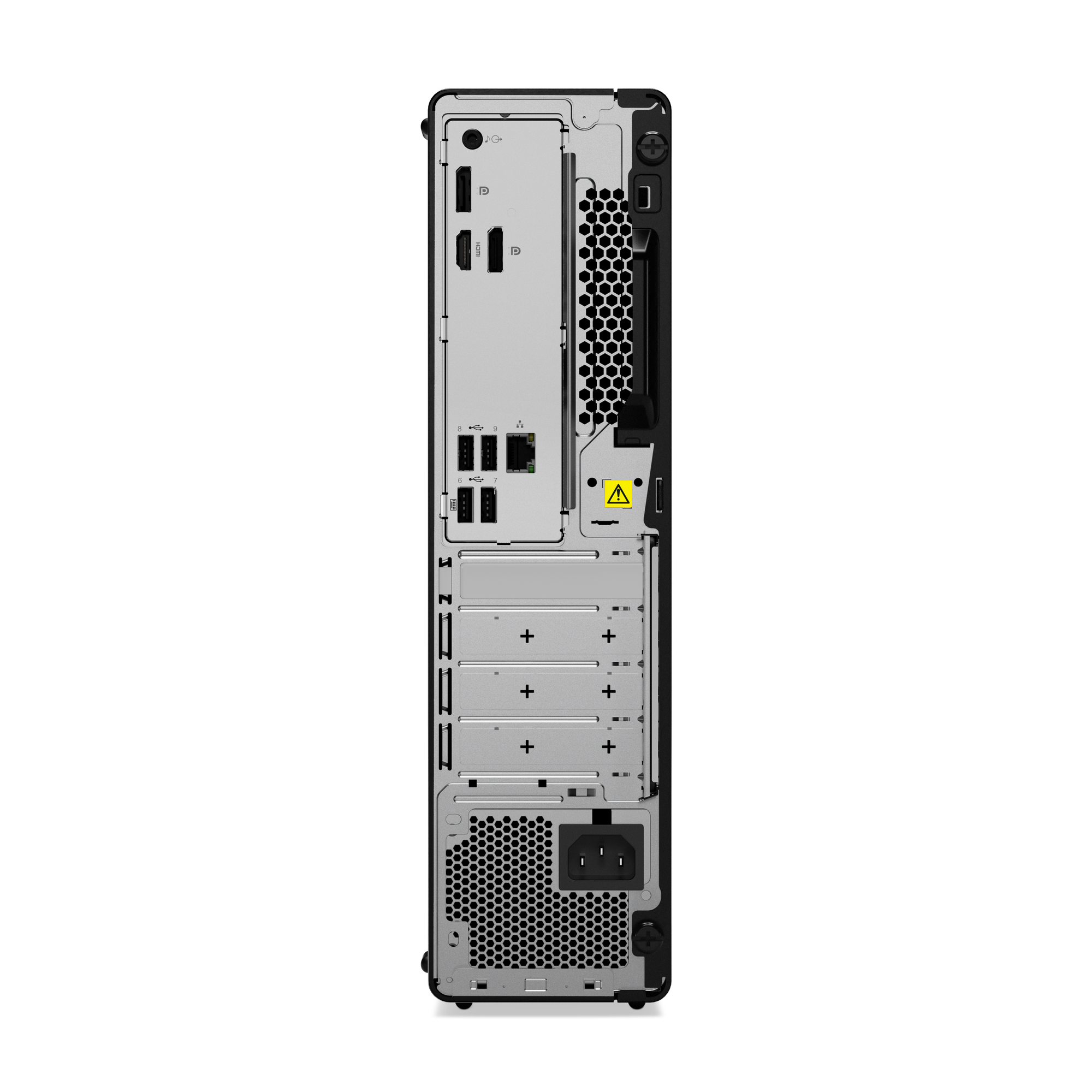 Die Rückseite eines schwarzen Desktop-Computers. Mehrere Anschlüsse, Lüftungsschlitze und ein Stromanschluss sind vorhanden.