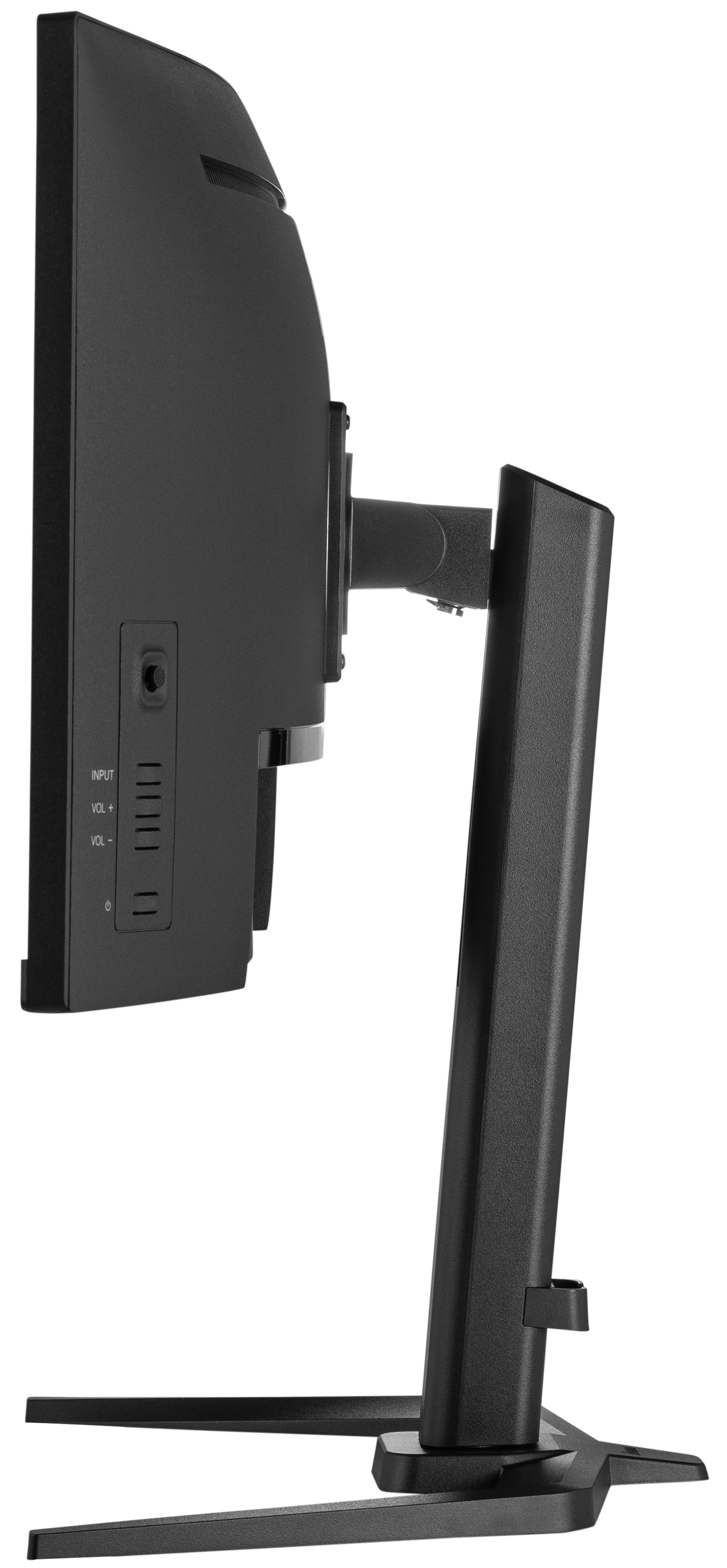 Widok z boku czarnego monitora komputera. Ekran jest po lewej stronie, ze stojakiem po prawej. Przyciski są widoczne z boku.