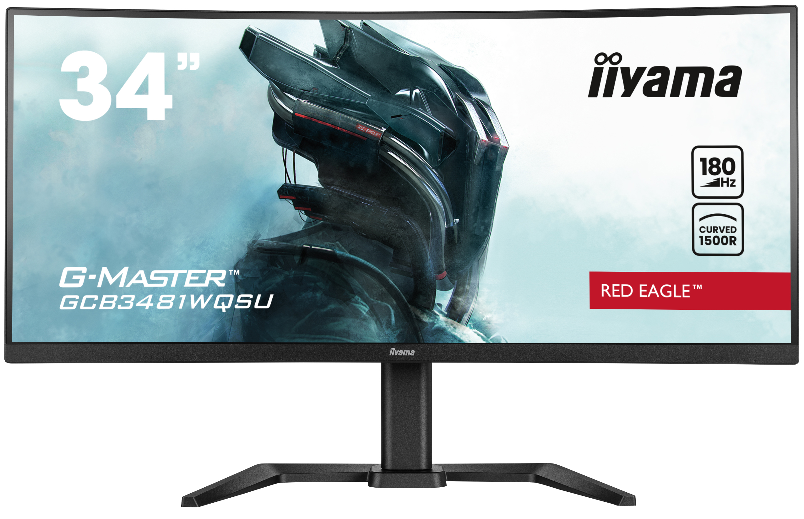 Zakrzywiony monitor z grafiką robota. Cechy: 34", 180Hz, marka Red Eagle, z logo iiyama.