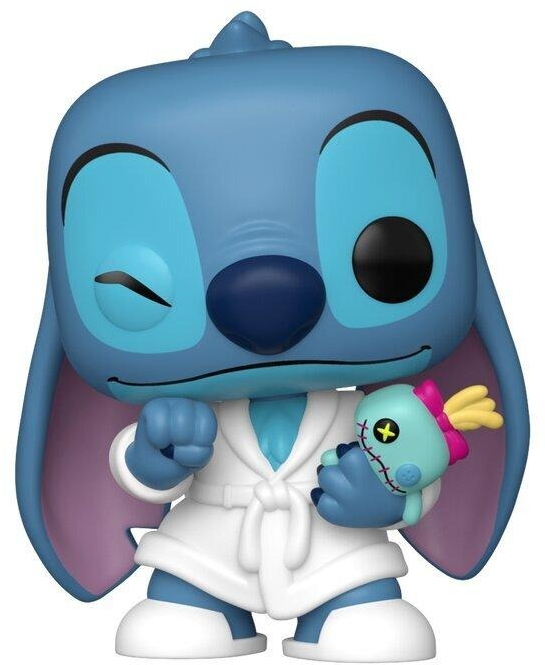 Funko Pop figure of Stitch in a bathrobe, holding a small doll. The figure is blue with white robe and has one eye closed.