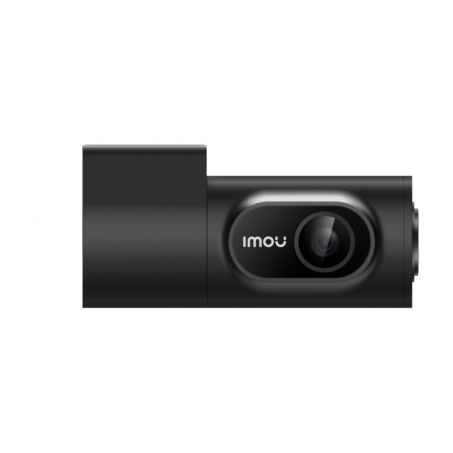 Una dashcam nera con il logo imou. Ha un obiettivo e due piccole porte cilindriche sulla destra. Lo sfondo è bianco.