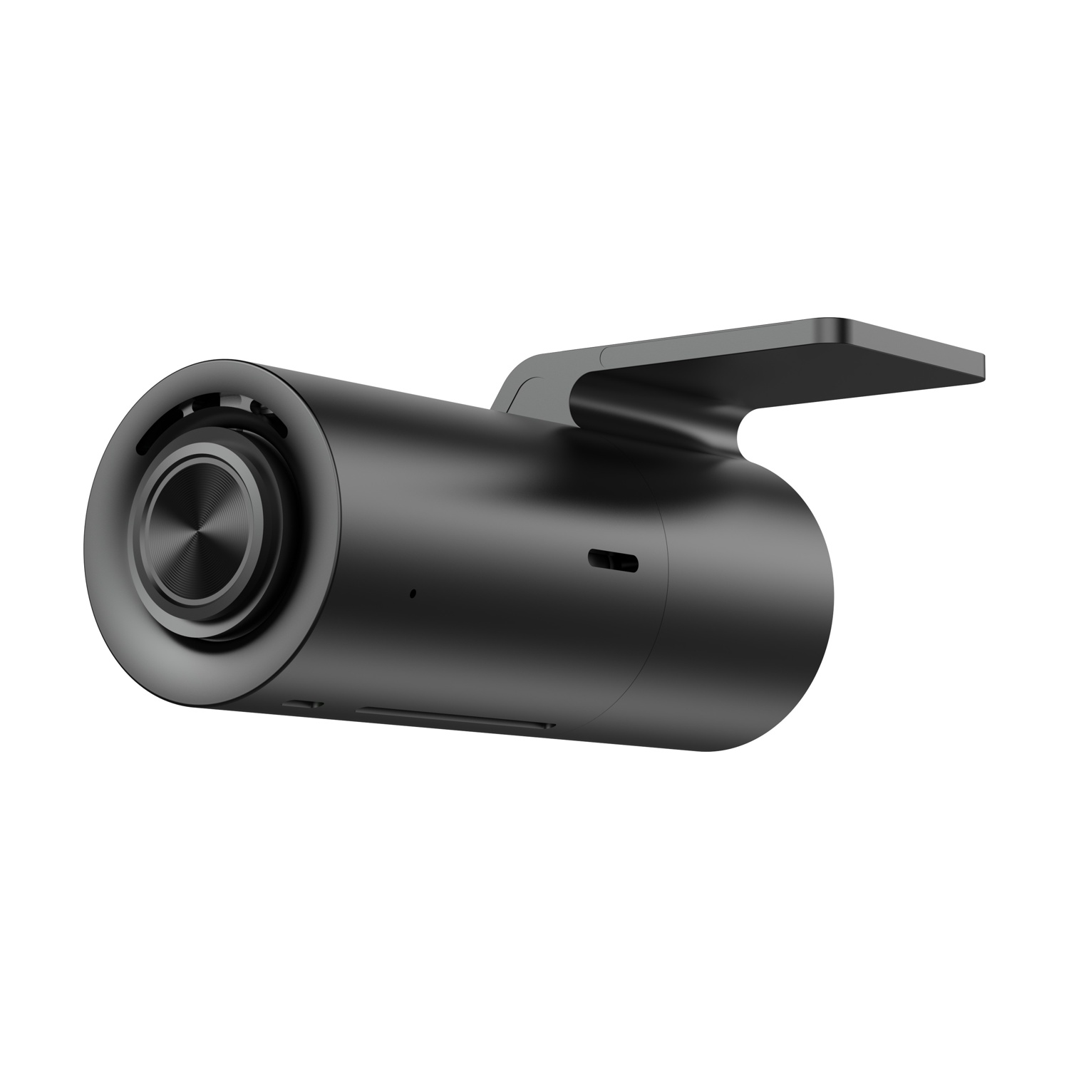 Una dashcam cilindrica nera con staffa di montaggio. Ha un obiettivo, pulsanti e un design elegante e moderno su sfondo bianco.