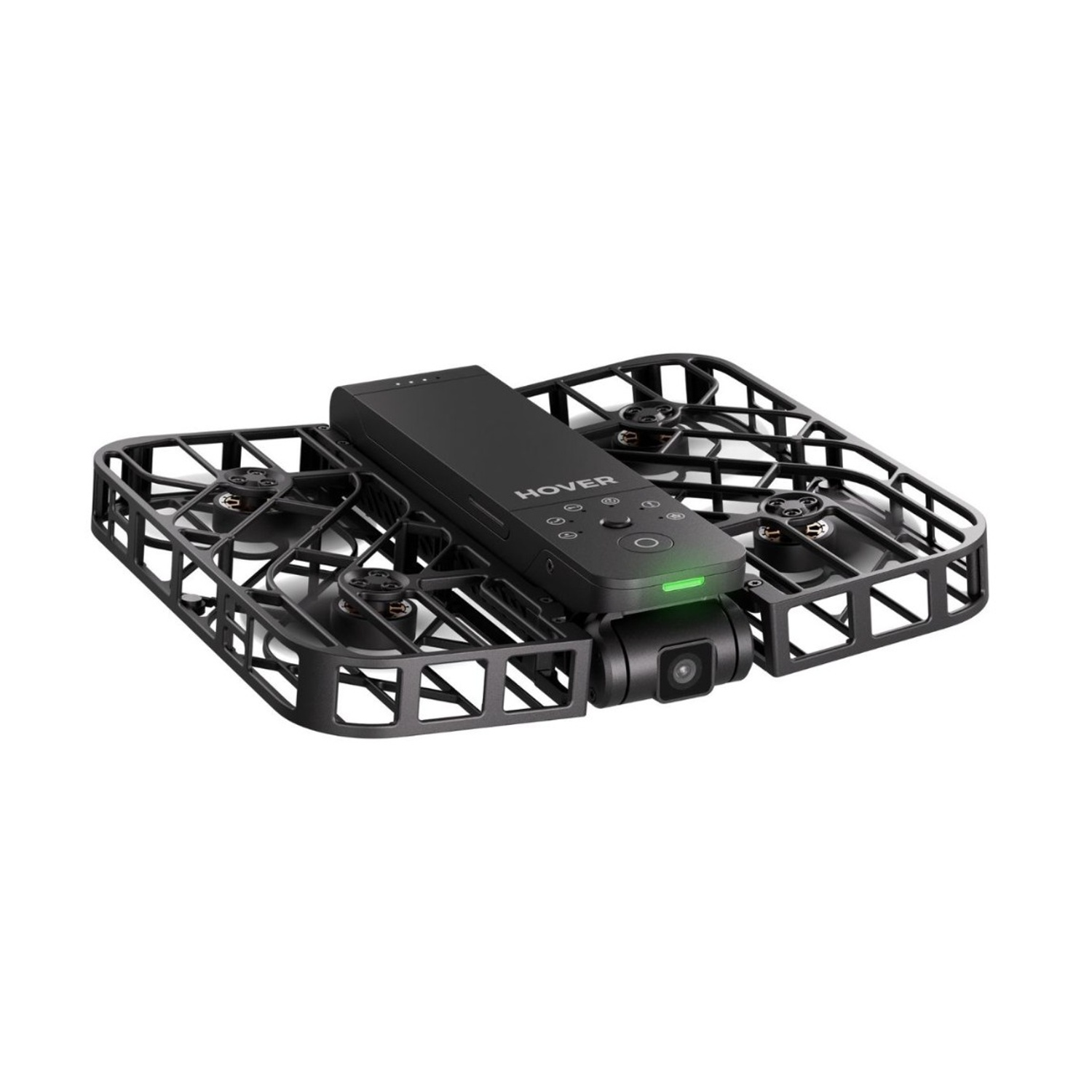 Un drone nero con un controller sopra. Ha una telecamera e una gabbia protettiva. La parola 'HOVER' è visibile sul controller.