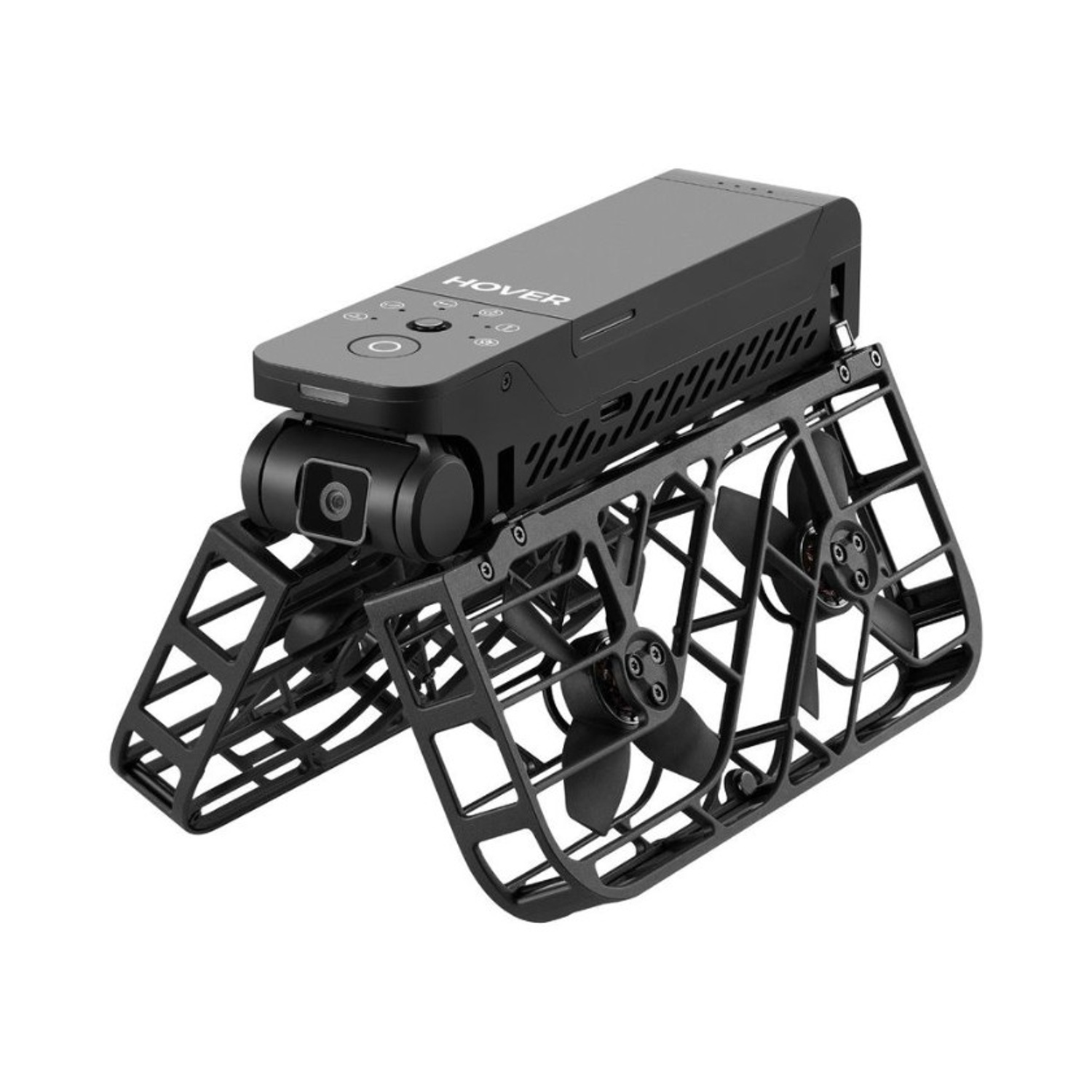 Un drone nero con la scritta 'HOVER' in alto. Ha eliche e una fotocamera. Il drone è su sfondo bianco.