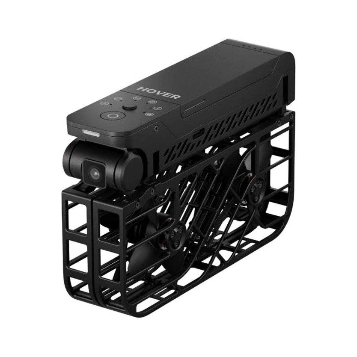 Un drone nero con la scritta HOVER. Ha una fotocamera ed è racchiuso in una gabbia nera con eliche.