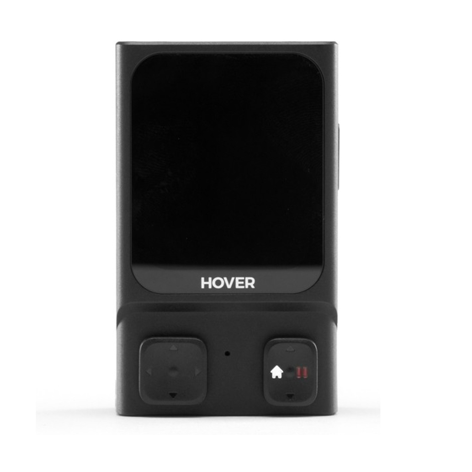 Un dispositivo rettangolare nero con schermo e pulsanti. La parola "HOVER" è scritta sul dispositivo.