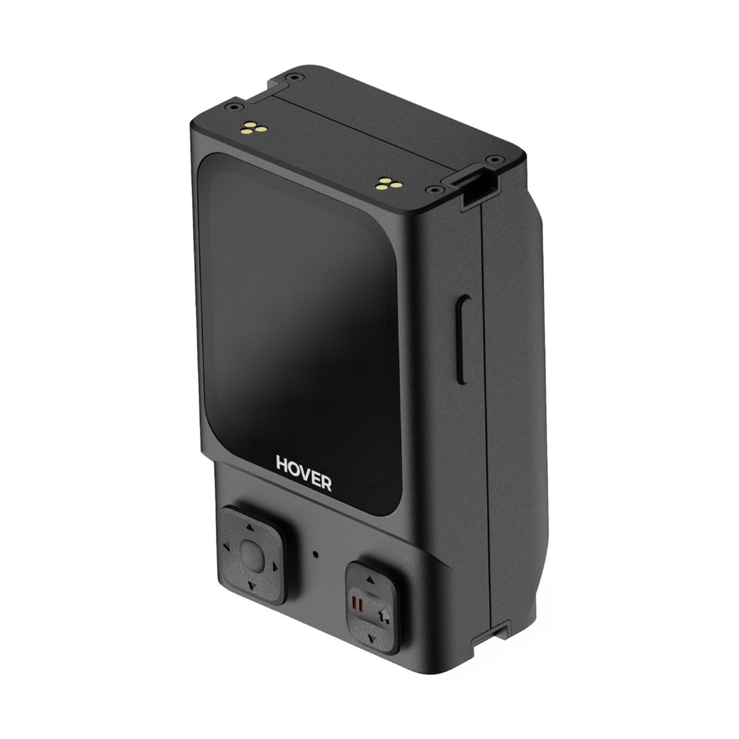Un dispositivo nero con schermo e pulsanti, etichettato 'HOVER'. Ha una forma rettangolare con angoli arrotondati su sfondo bianco.