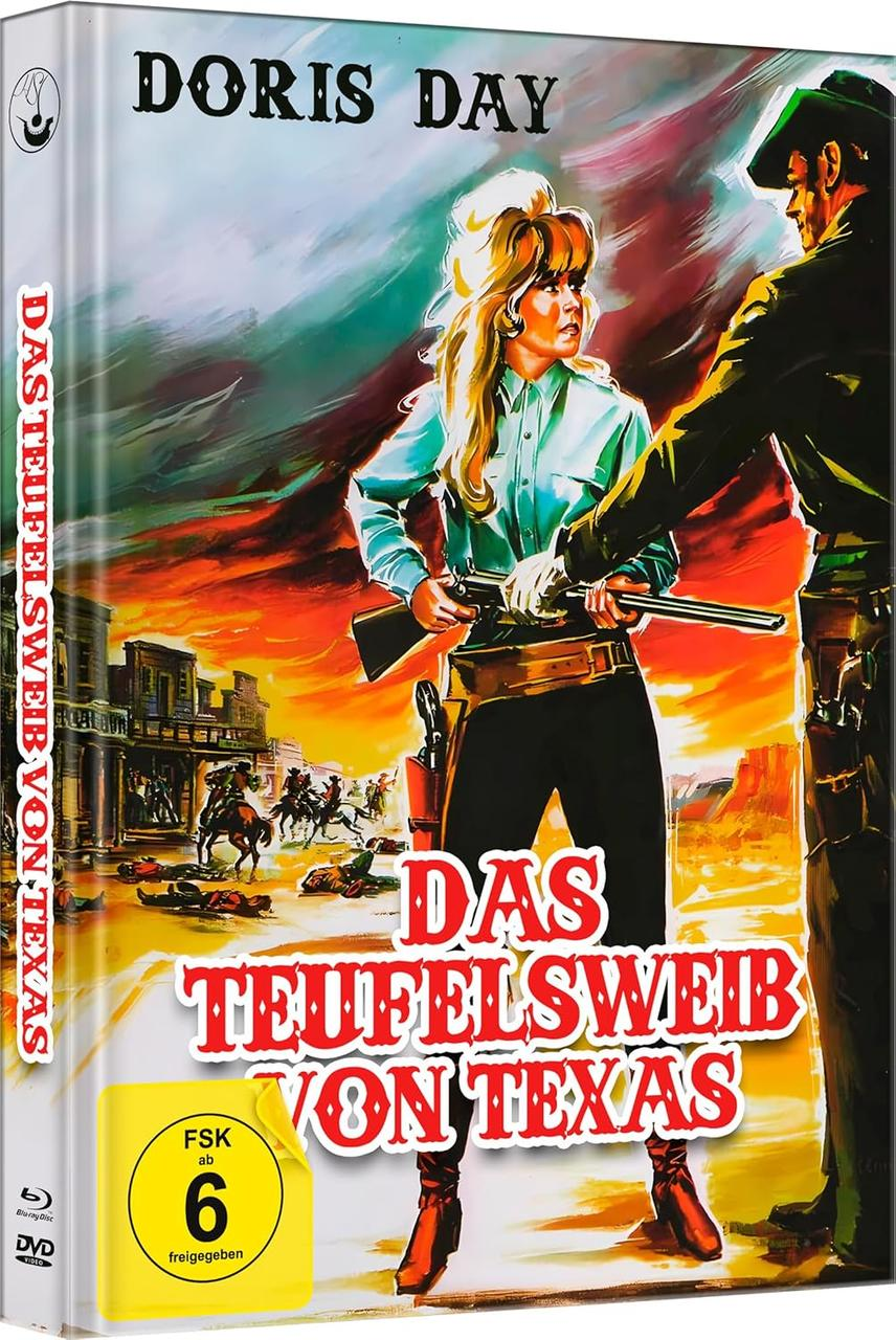 Doris-Day-Filmplakat: Frau mit Waffe, Mann im Schatten, Westernstadt im Hintergrund. Titel: Das Teufelsweib Von Texas.