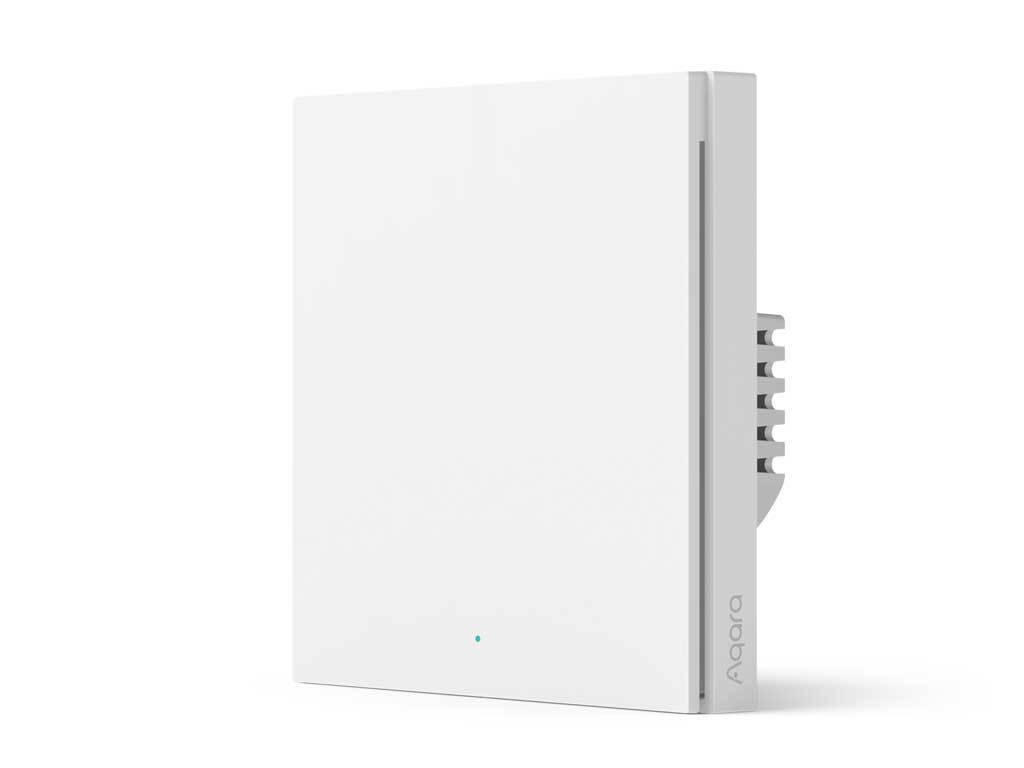 Ein weißer intelligenter Lichtschalter von Aqara. Er hat ein rechteckiges Design mit einer kleinen blauen Kontrollleuchte und Aqara-Markenlogo.