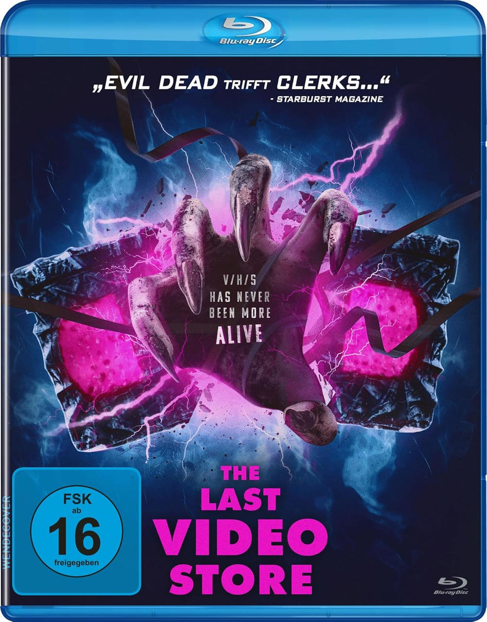 Blu-ray-Cover: Hand mit Krallen, rosa Energie, Text 'The Last Video Store'. Bewertung: FSK 16.