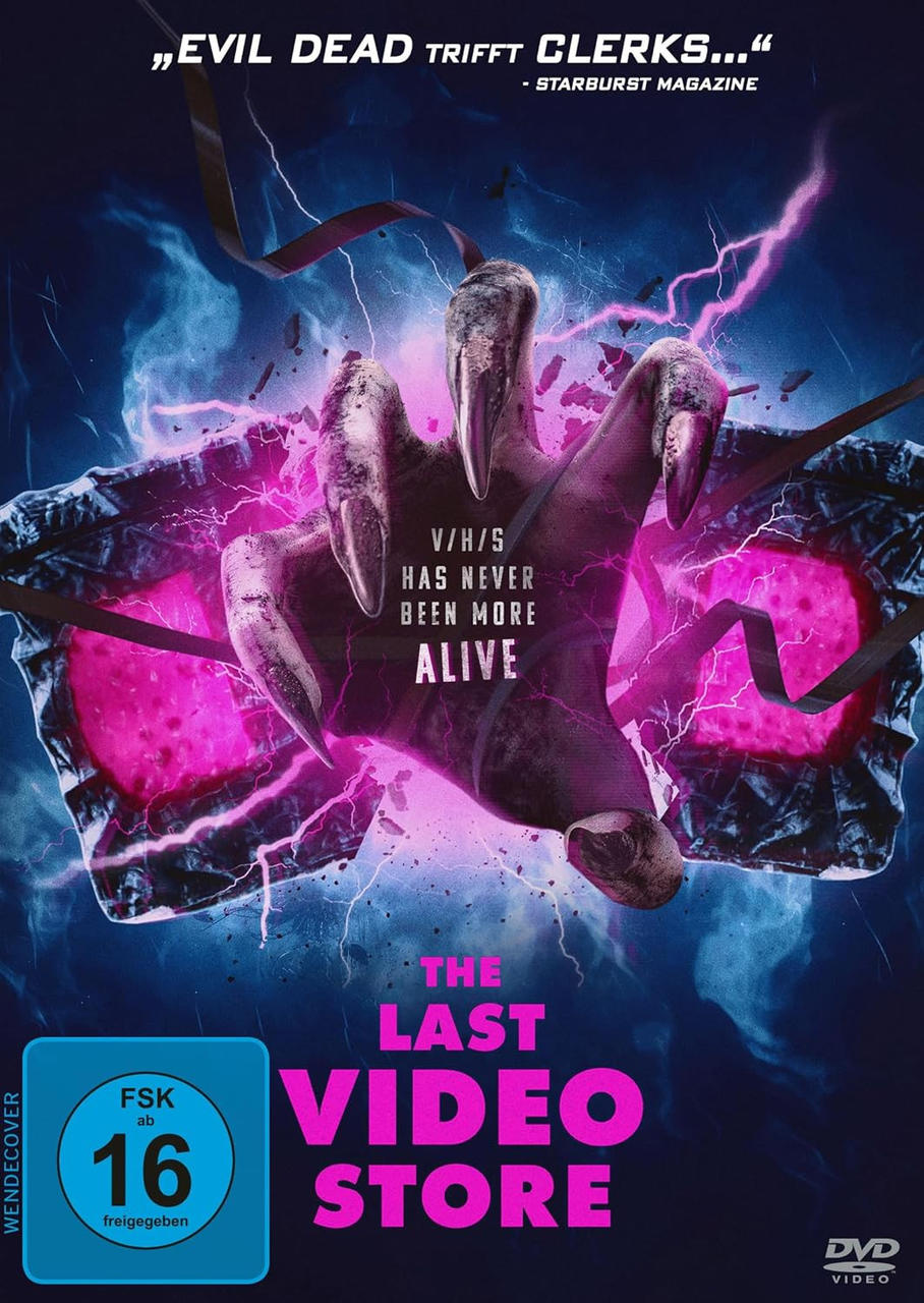 DVD-Cover. Eine skelettartige Hand taucht aus einem dunklen Hintergrund mit rosa Blitzen auf, der Titel 'The Last Video Store'.