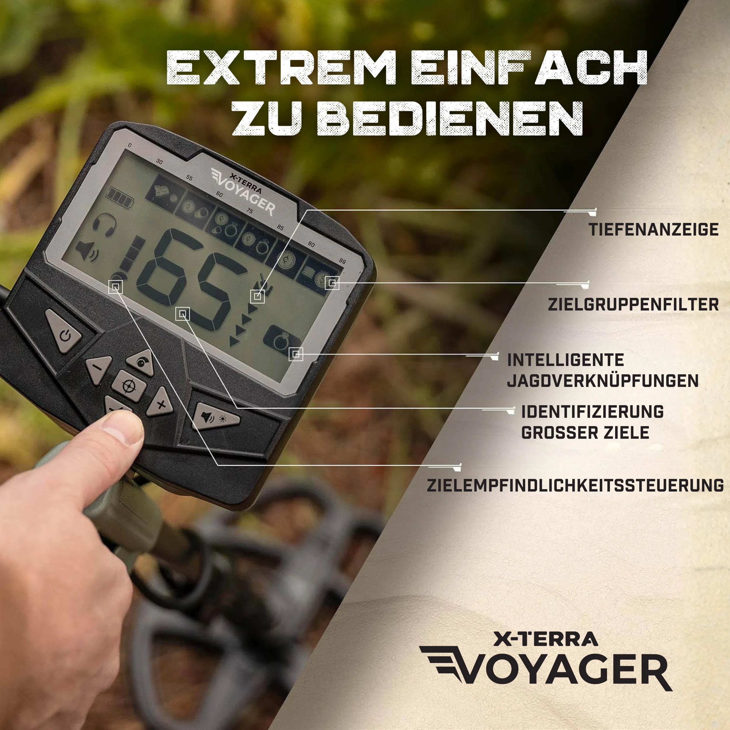 Eine Person hält einen Metalldetektor. Text sagt 'EXTREM EINFACH ZU BEDIENEN'. Das Display zeigt Zahlen und Einstellungen.