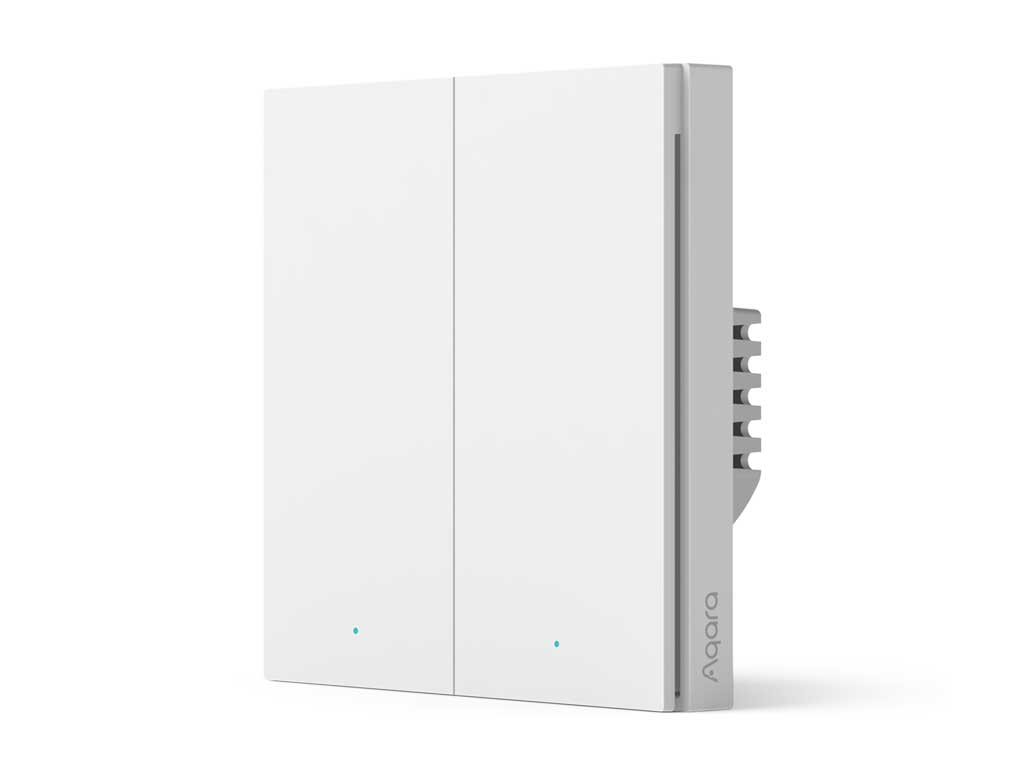 Ein weißer Aqara Smart Switch. Er hat zwei Knöpfe mit kleinen blauen Lichtern. Die Seite ist grau mit Aqara-Branding.