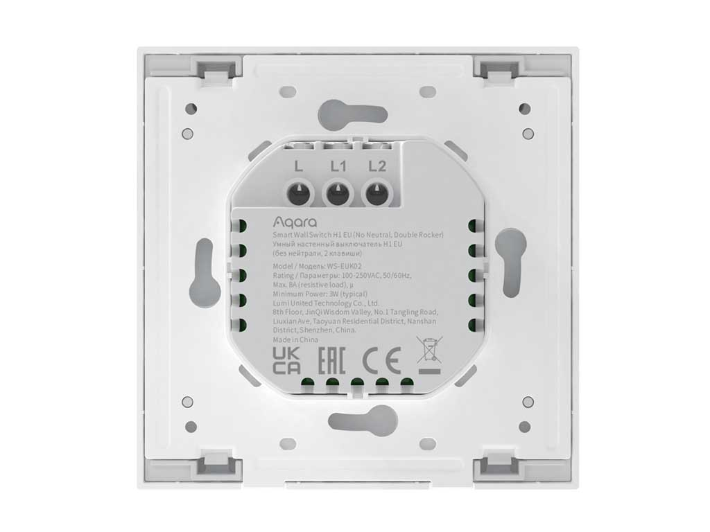 Ein weißer Aqara Smart Wall Switch. Es hat die Beschriftungen L, L1 und L2. Text auf dem Gerät liefert Spezifikationen und Herstellerdetails.