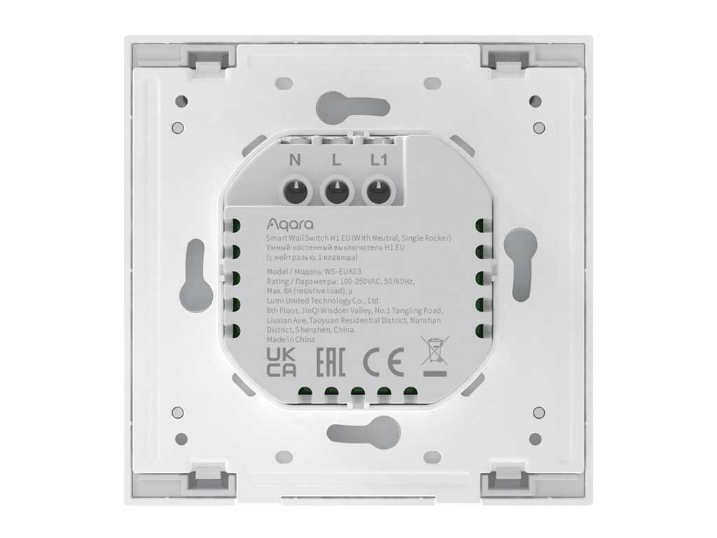 Ein weißer Aqara Smart Wall Switch H1 EU. Er hat Anschlüsse mit den Bezeichnungen N, L und L1 sowie Produktinformationen und Zertifizierungen.