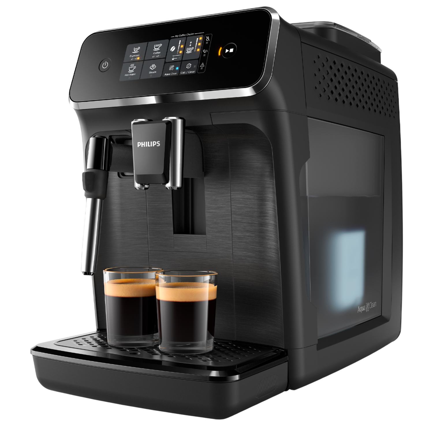 Een zwarte Philips espressomachine met twee glazen koffie. Kenmerken zijn een touchscreen, watertank en stoompijpje.