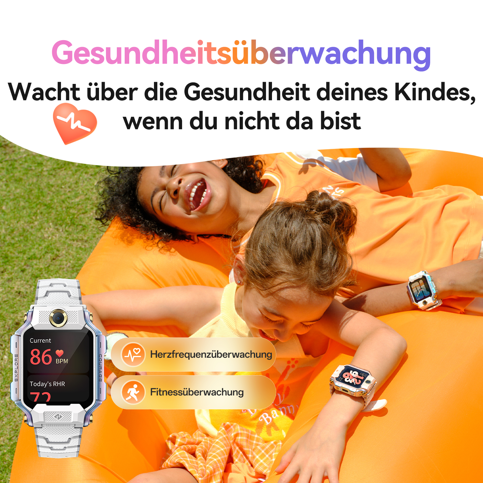 Zwei lachende Kinder mit Smartwatches. Text sagt Gesundheitsüberwachung. Oranger Hintergrund. Herzfrequenz- und Fitness-Symbole.