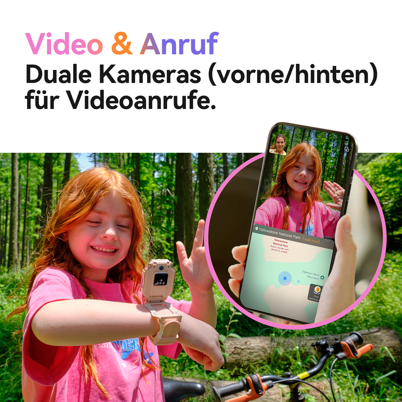 Ein Mädchen zeigt eine Smartwatch, während sie einen Videoanruf führt. Sie befindet sich in einer Parkumgebung.