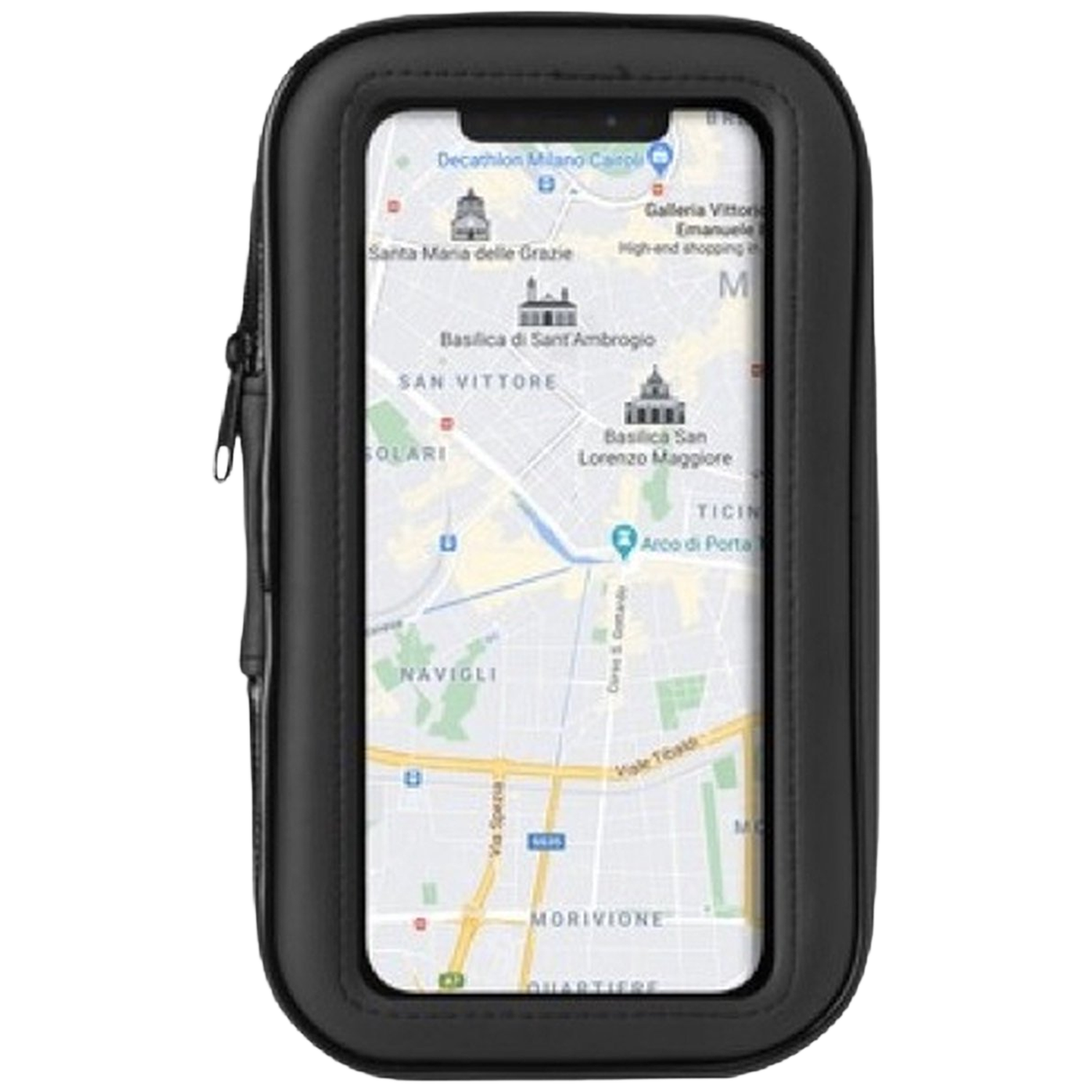 Une coque de téléphone noire avec une carte affichée sur l'écran. L'écran affiche une carte d'une ville avec des points de repère.
