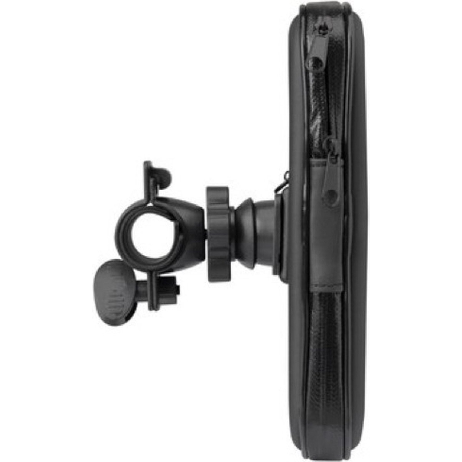 Support de téléphone noir avec support. Il a une fermeture éclair et un bouton à gauche. Le fond est blanc.