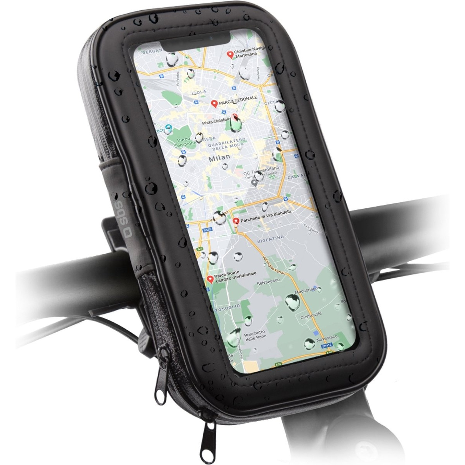 Support de téléphone noir sur le guidon du vélo, affichant une carte de Milan, avec des gouttelettes d'eau sur l'écran.