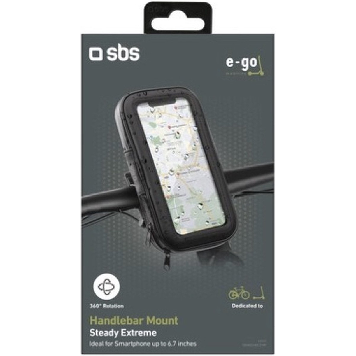 Un support de téléphone pour guidon de vélo, avec un téléphone affichant une carte et l'emballage du produit en arrière-plan.