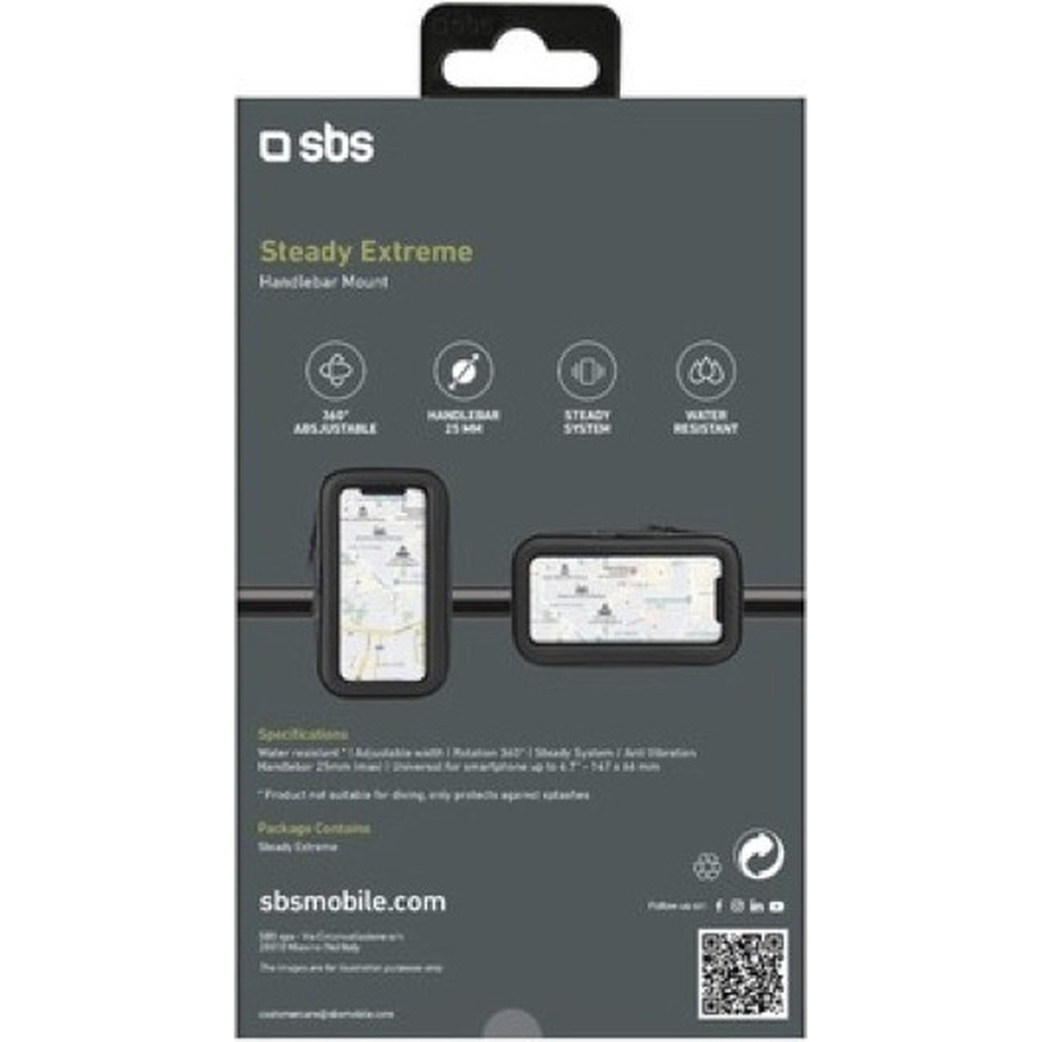 Une boîte de produit pour un support de guidon. Elle présente des images du produit, le logo de la marque et du texte décrivant des caractéristiques telles que la résistance à l'eau.