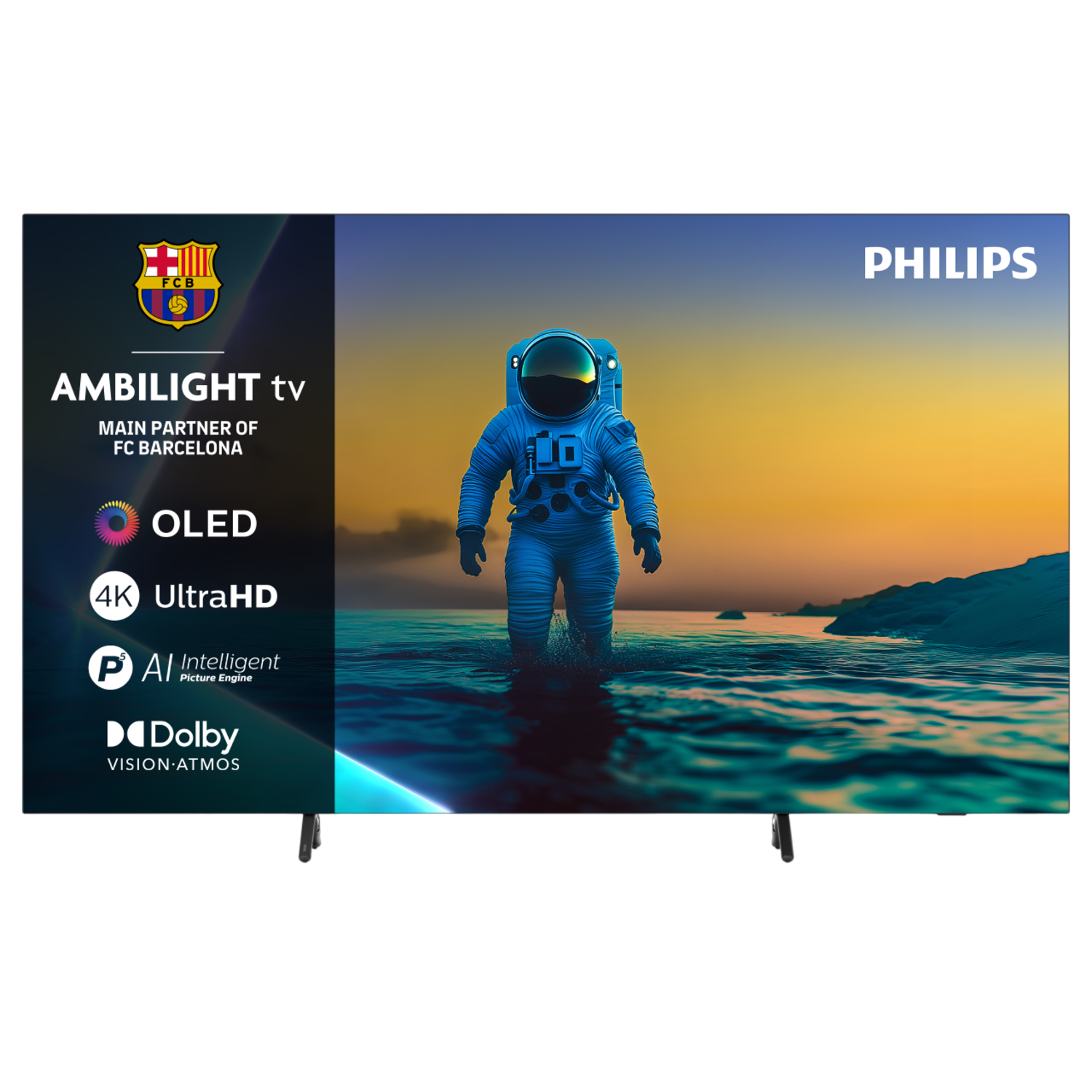 A Philips OLED TV displays an astronaut walking in water, with a sunset background. Logos of FC Barcelona and Dolby are present.