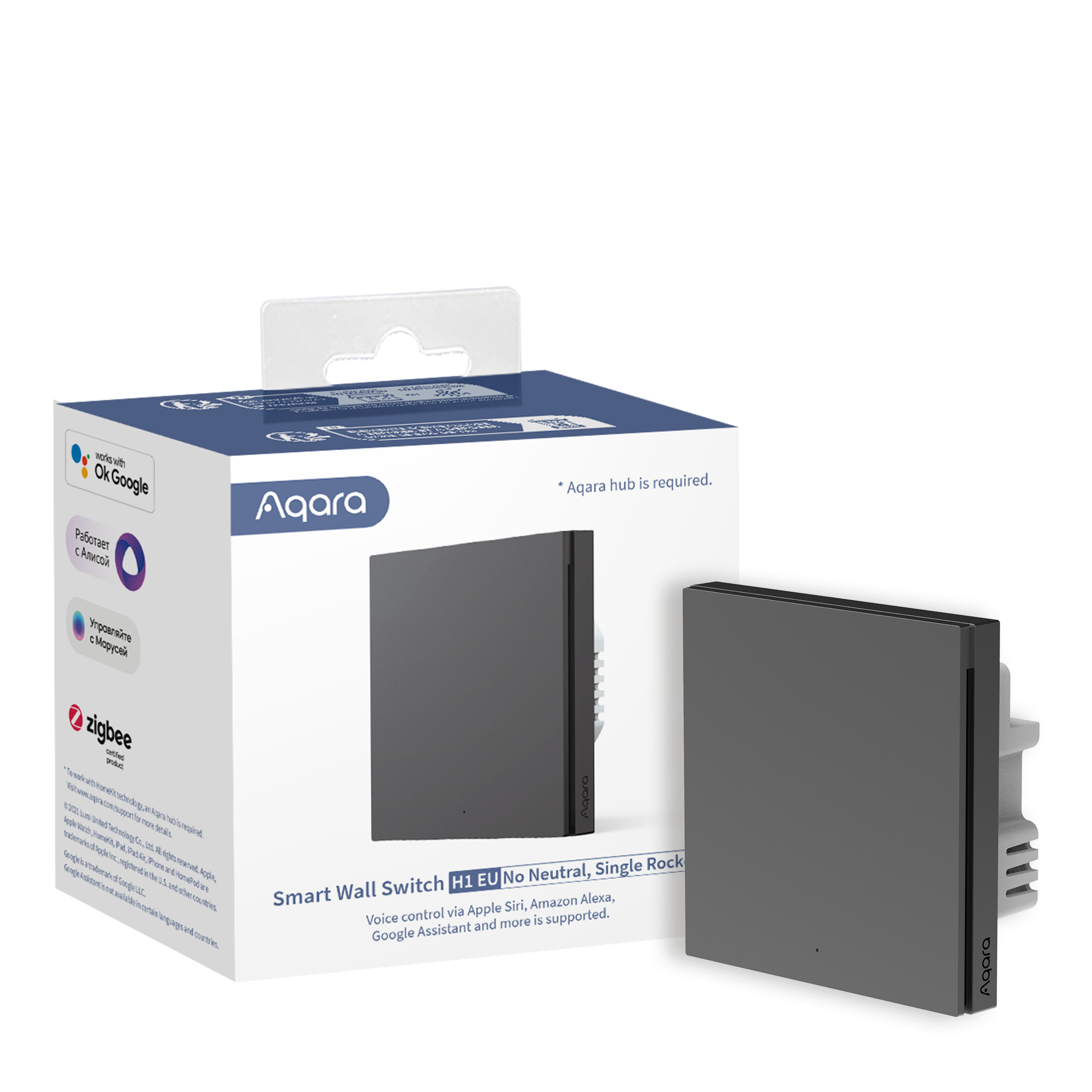 Graue Aqara Smart Wall Switch Box. Die Box hat Logos und Text, und der Schalter ist an der Seite.