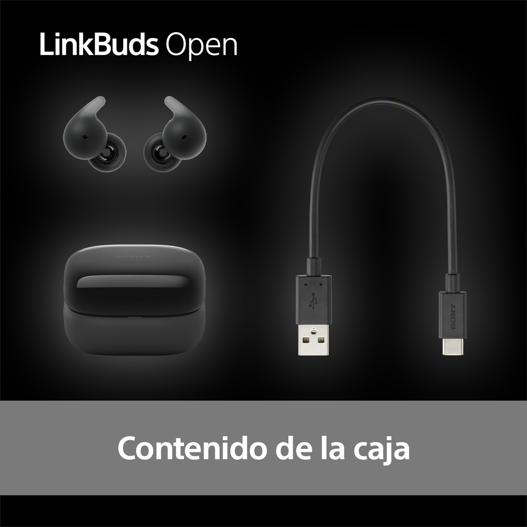 Auriculares negros Sony LinkBuds Open, estuche de carga y cable USB-C sobre fondo negro. El texto dice 'Contenido de la caja'.