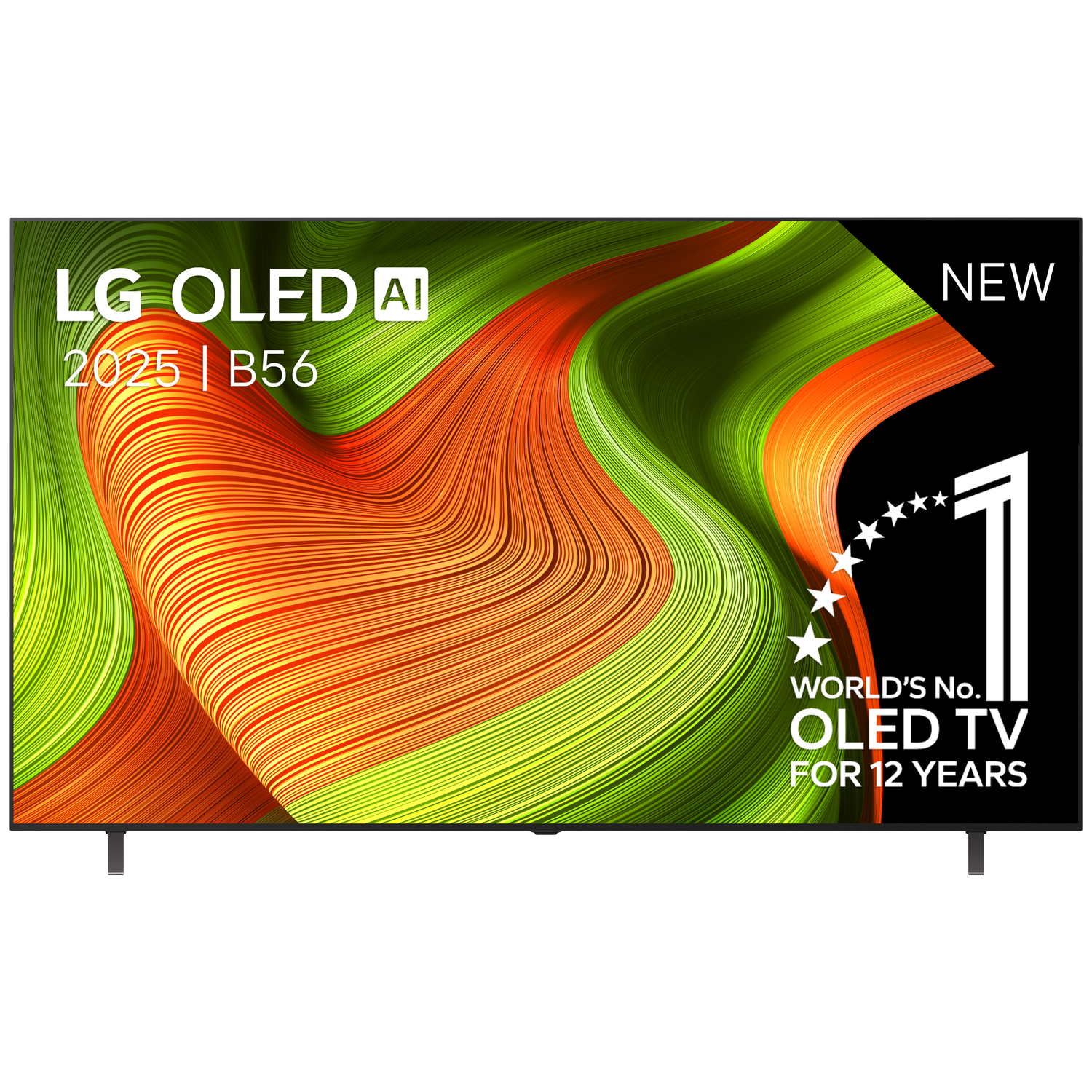 LG OLED tv-scherm. Tekst op scherm zegt 'LG OLED AI 2025 | B56', 'NIEUW' en 'WORLD'S No. OLED TV FOR 12 YEARS'.