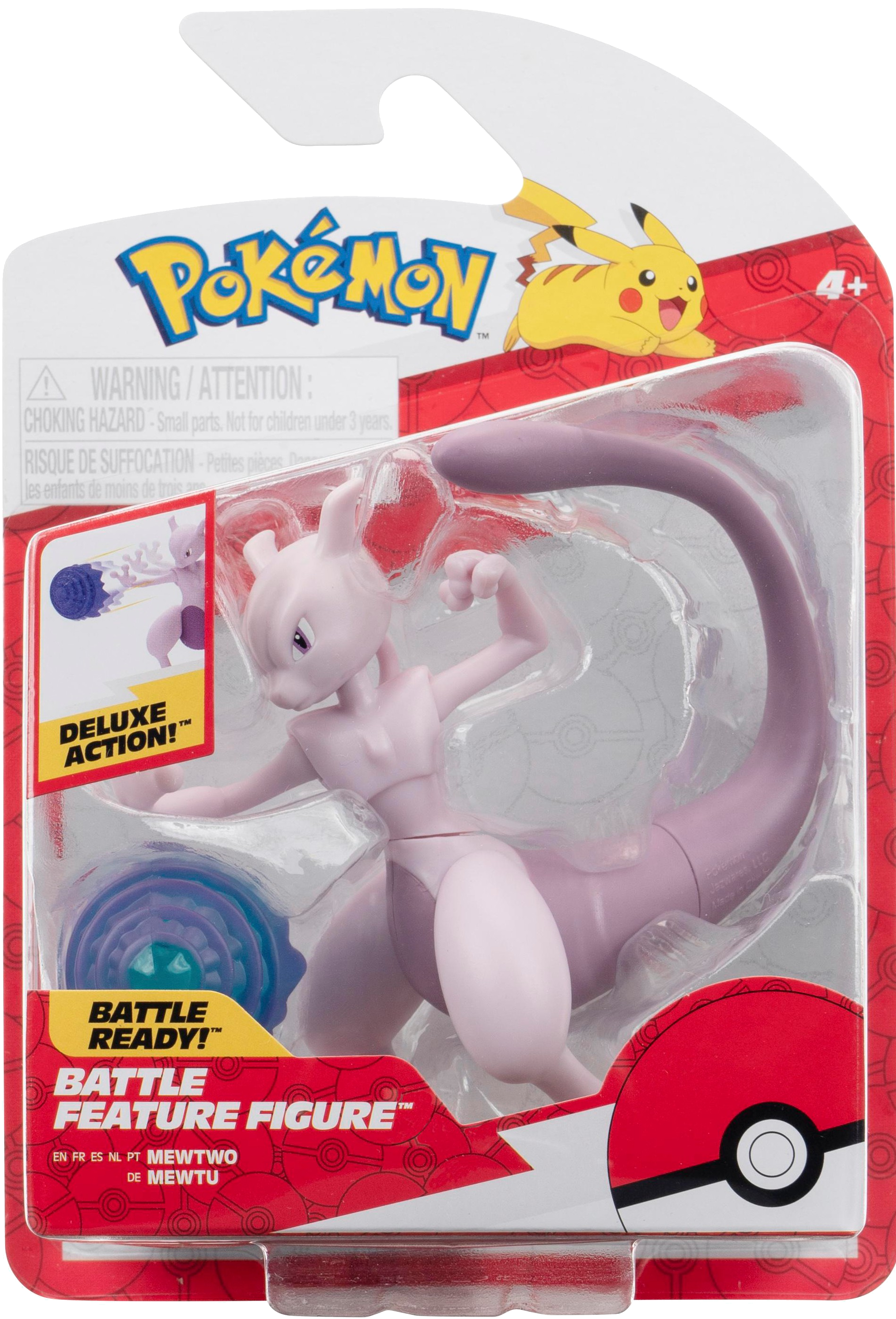 Eine Pokémon Mewtwo-Actionfigur in Plastikverpackung. Die Figur ist lavendelfarben und die Verpackung rot und weiß.
